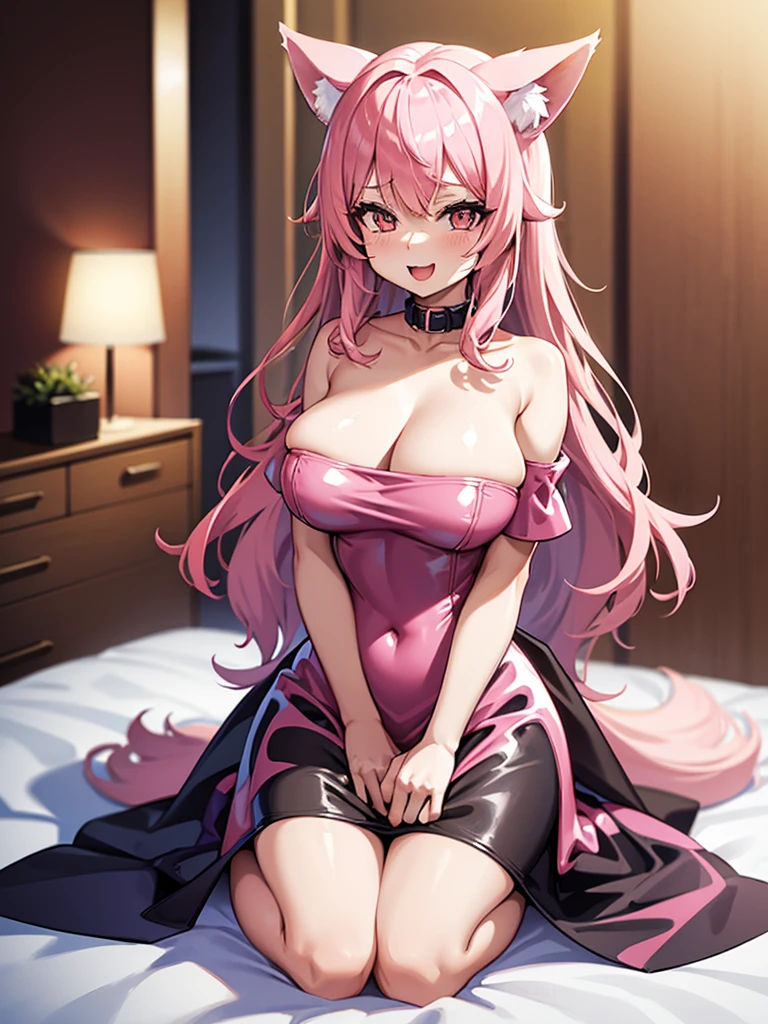 Happy woman, with wolf ears and pink hair, holding her cheeks, wolf tail, wearing a latex dress, looking at veiwer, full body, you can see her chest, naked breasts