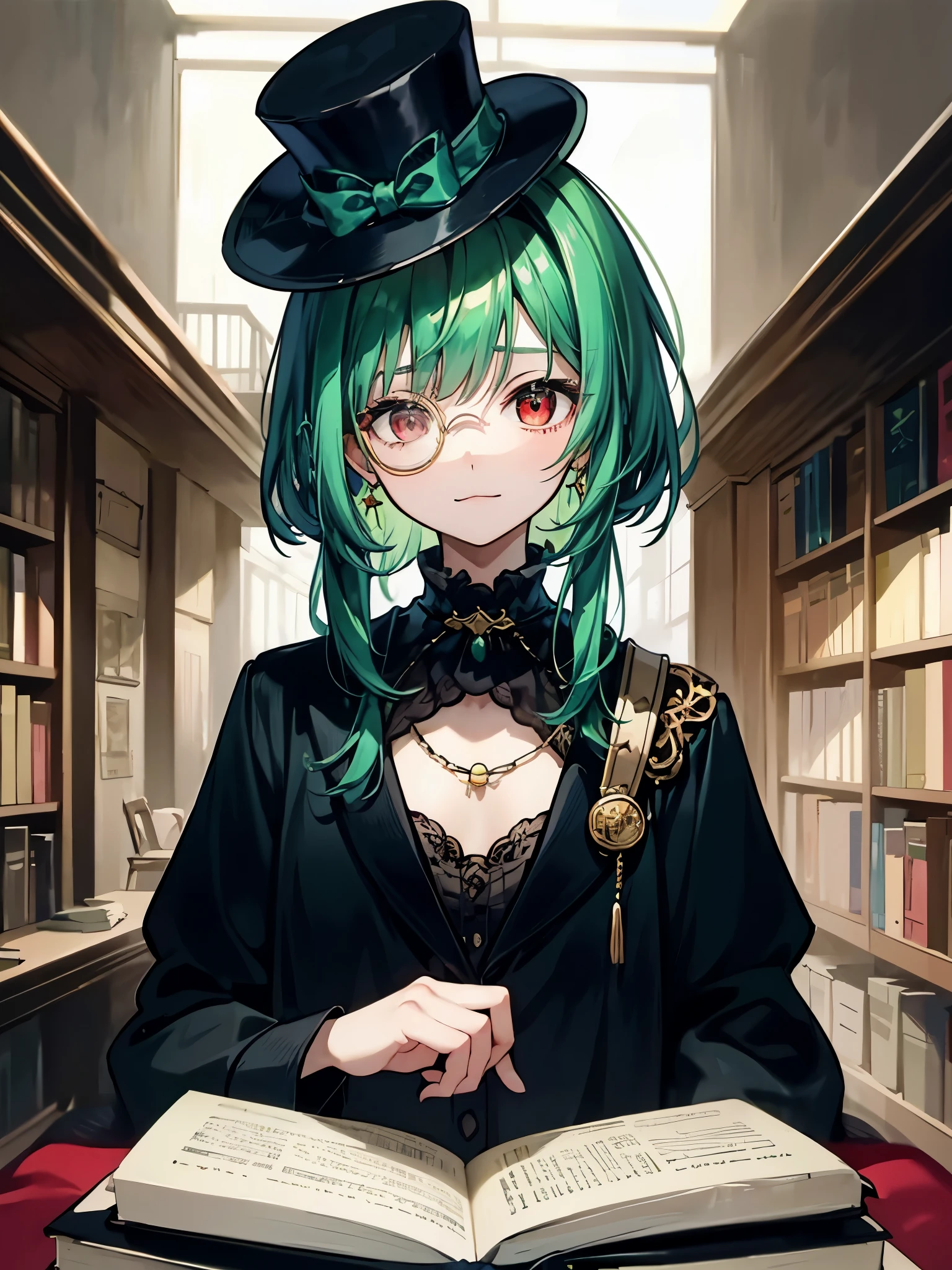 (((masterpiece、Highest image quality、highest quality、highly detailed unity 8kwallpaper)))、((Illustration of one girl、upper body))、(((beautiful girl)))、(librarian)、(Emerald green hair、messy hair、sidelocks:1.2、red eyes、crazy smile)、(((flat chest)))、(((monocle)))、pocket watch、(((Black top hat、Black tuxedo)))、great medieval library、Large amount of books