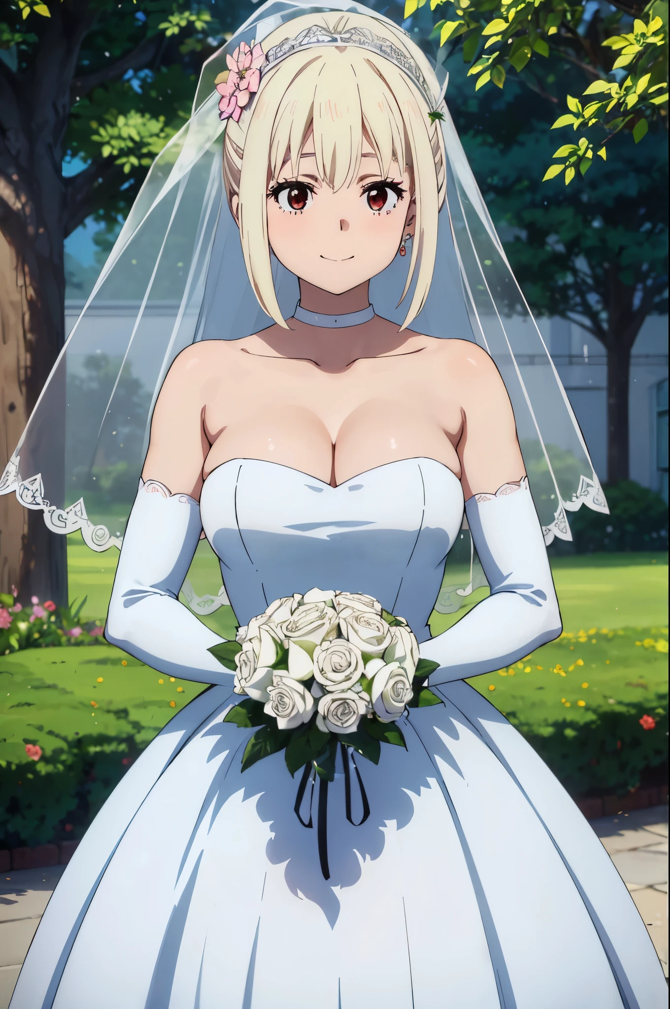 (((Pixel perfect, Perfect details))), alone, 1 girl, Chisato Nishiki,looking at the audience, Smile, Upper body, Close-up of beautiful bride wearing beautiful wedding dress,Gurwitz,(bridal veil:1.5），（Transparent short veil：1.5），Blushing face，Head flower，headgear，（tube top wedding dress：1.5），（Silk dress：1.2）,（Strapless wedding dress：1.5）,pure white dress，necklace，earrings，(large breasts:1.3)，Deep V peach heart collar wedding dress，Bangs，lipstick，（lace gloves：1.3）,whole body照,High detail RAW color art,Long white dress，whole body，Place your hands behind your back，