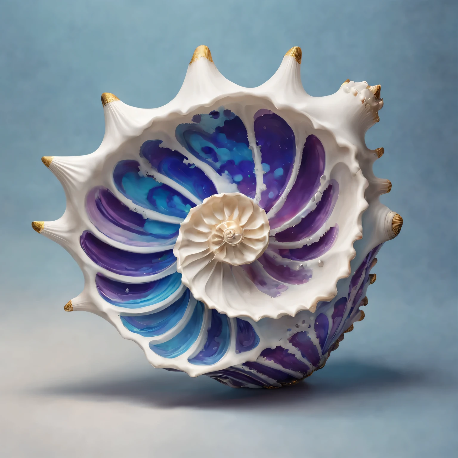 Conch shell with intricate 2D ink splatters, high contrast, Detailed outline, and vibrant colors, Created using digital illustration techniques, With surreal, dreamlike atmosphere, Highlight with soft, Diffuse lighting and subtle shadows. Splash ink to form delicate patterns and abstract patterns，Complementing the graceful curves and spirals of the conch shell. The case itself has a smooth texture, Capture its natural beauty and elegance. Artwork is of the highest quality, The resolution is 4K or higher, Reveal ultra-fine details and realistic shadows. The color palette is rich and diverse, Featuring vibrant blues, deep Purple, and hints of gold and silver. The overall composition and balance of the image create a captivating and immersive visual experience, Inviting viewers to explore its fascinating complexities.