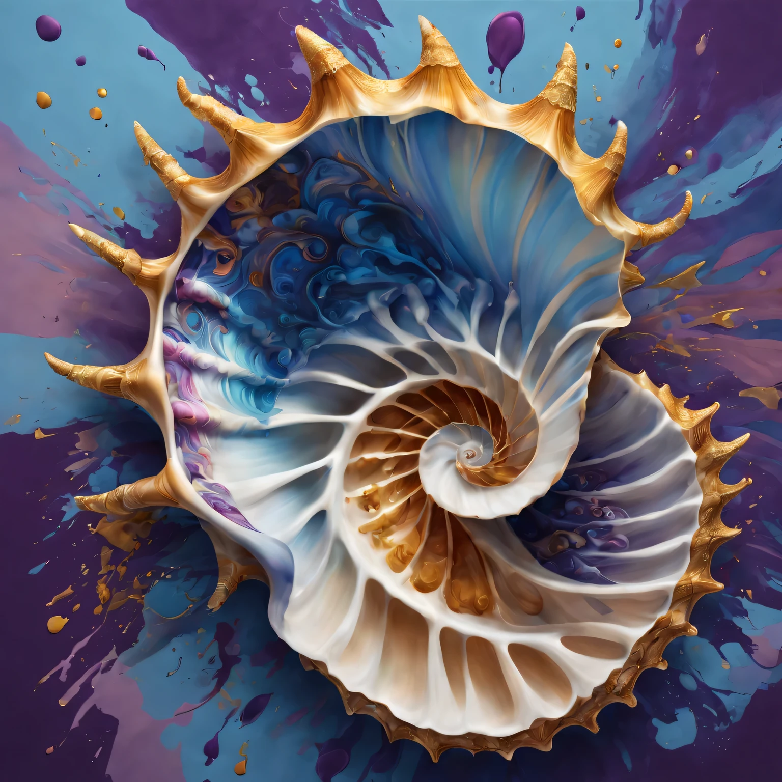 Conch shell with intricate 2D ink splatters, high contrast, Detailed outline, and vibrant colors, Created using digital illustration techniques, With surreal, dreamlike atmosphere, Highlight with soft, Diffuse lighting and subtle shadows. Splash ink to form delicate patterns and abstract patterns,Complementing the graceful curves and spirals of the conch shell. The case itself has a smooth texture, Capture its natural beauty and elegance. Artwork is of the highest quality, The resolution is 4K or higher, Reveal ultra-fine details and realistic shadows. The color palette is rich and diverse, Featuring vibrant blues, deep Purple, and hints of gold and silver. The overall composition and balance of the image create a captivating and immersive visual experience, Inviting viewers to explore its fascinating complexities.