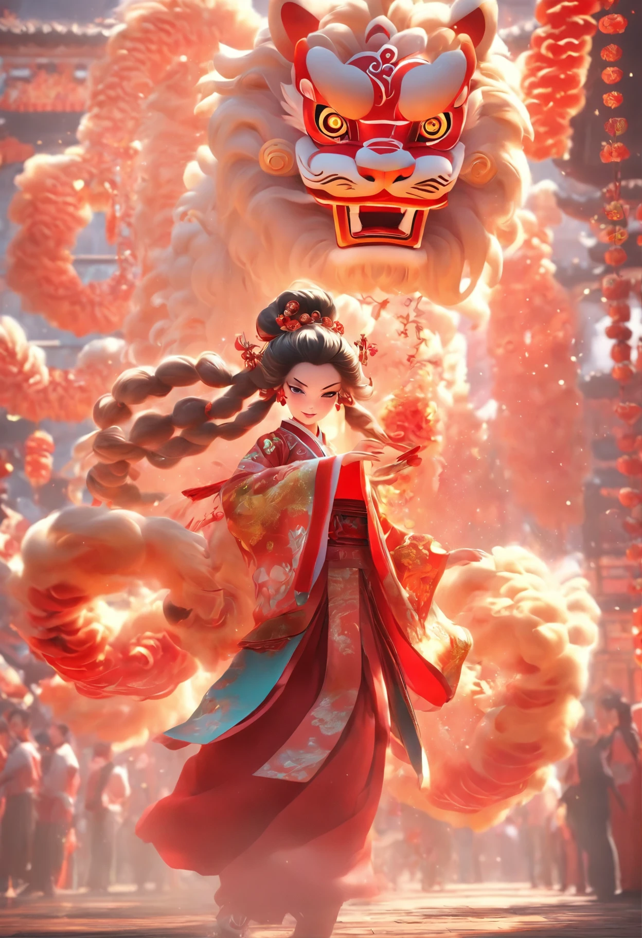 China-style，Guangzhou lion dance girl，highly detailed surreal vfx，Smudge，Faraway view，super-fine，ultra - detailed，high qulity，8K ，oc rendered，full body pov