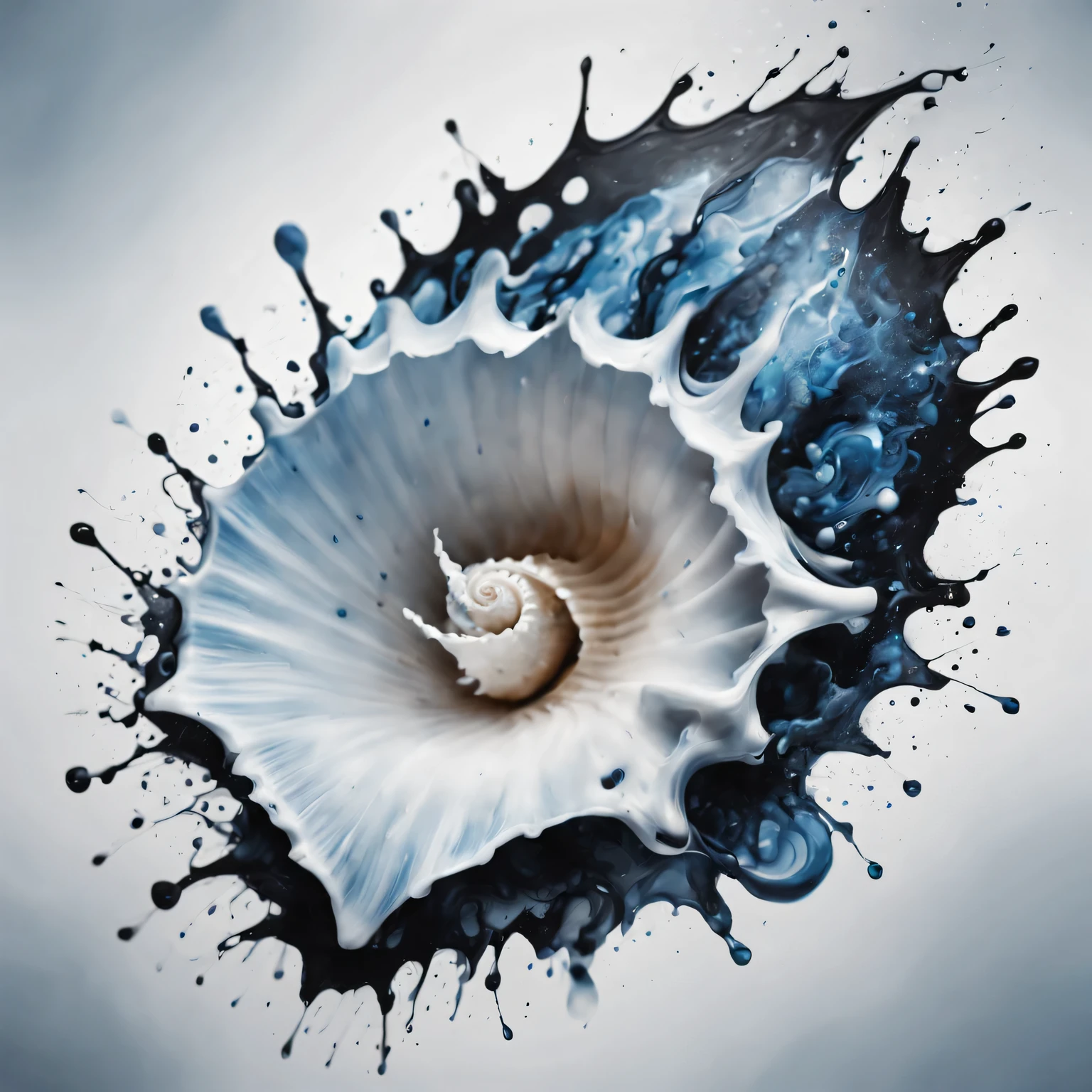 Ink splash conch, black and white, Detailed shell pattern, Vivid ink splatter effects, Exquisite line work, Ink drops, high contrast, Exquisite details, actual lighting, mysterious atmosphere, delicate swirl, Complex textures. (best quality, 4K, high resolution, masterpiece:1.2), Super detailed, (actual, photoactual, photo-actual:1.37), artistic, traditional, inked-art, Abstract. Cool blue tones, soft shadow, natural lighting.