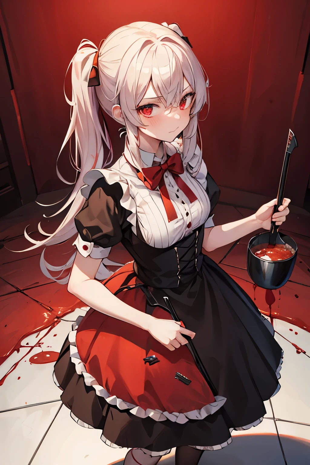 Battle Maid,violent maid,Hand-held crowbar,Standing in the middle of the tomato sauce being spilled everywhere,yandere,Refined face,focus,Cleaning