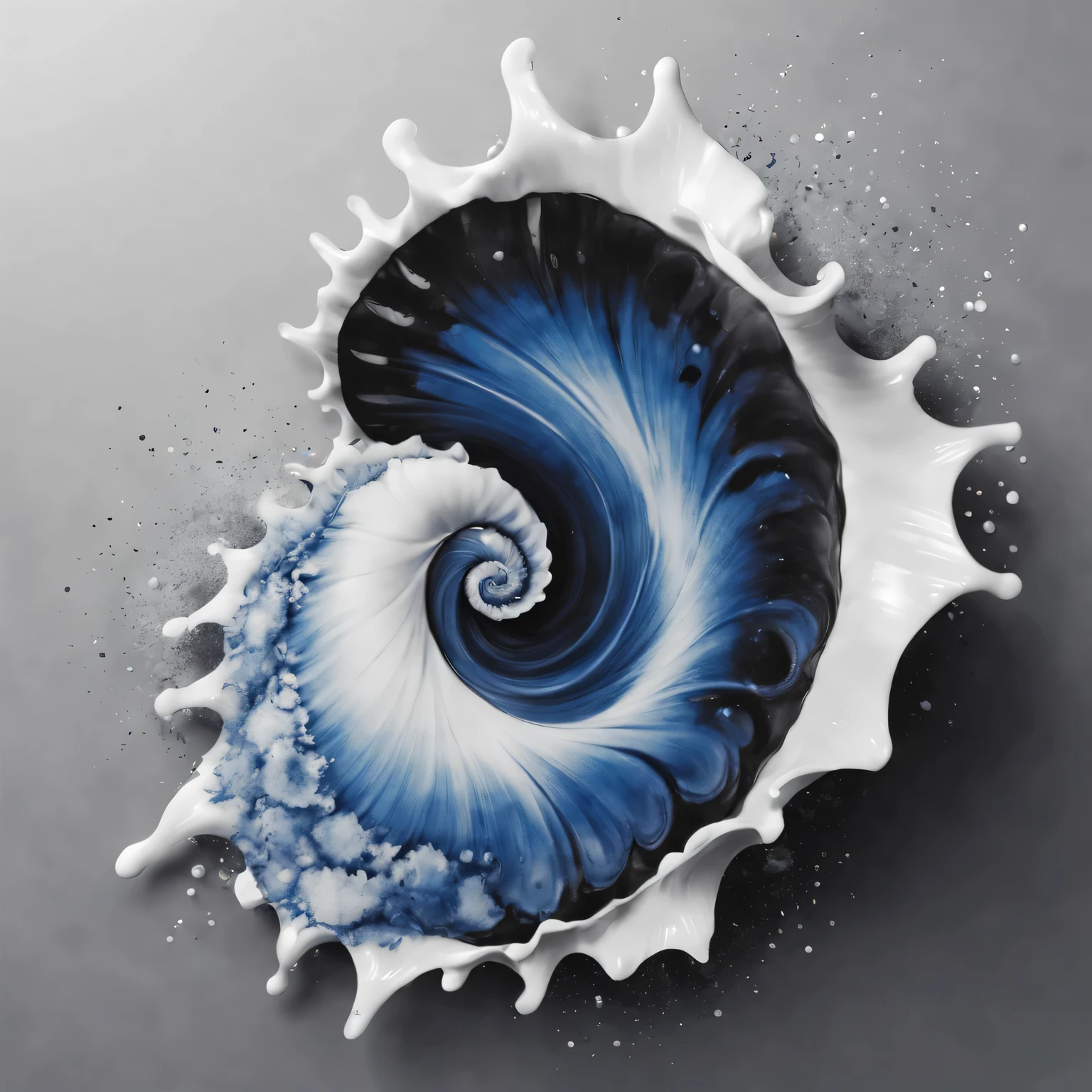 Ink splash conch, black and white, Detailed shell pattern, Vivid ink splatter effects, Exquisite line work, Ink drops, high contrast, Exquisite details, actual lighting, mysterious atmosphere, delicate swirl, Complex textures. (best quality, 4K, high resolution, masterpiece:1.2), Super detailed, (actual, photoactual, photo-actual:1.37), artistic, traditional, inked-art, Abstract. Cool blue tones, soft shadow, natural lighting.