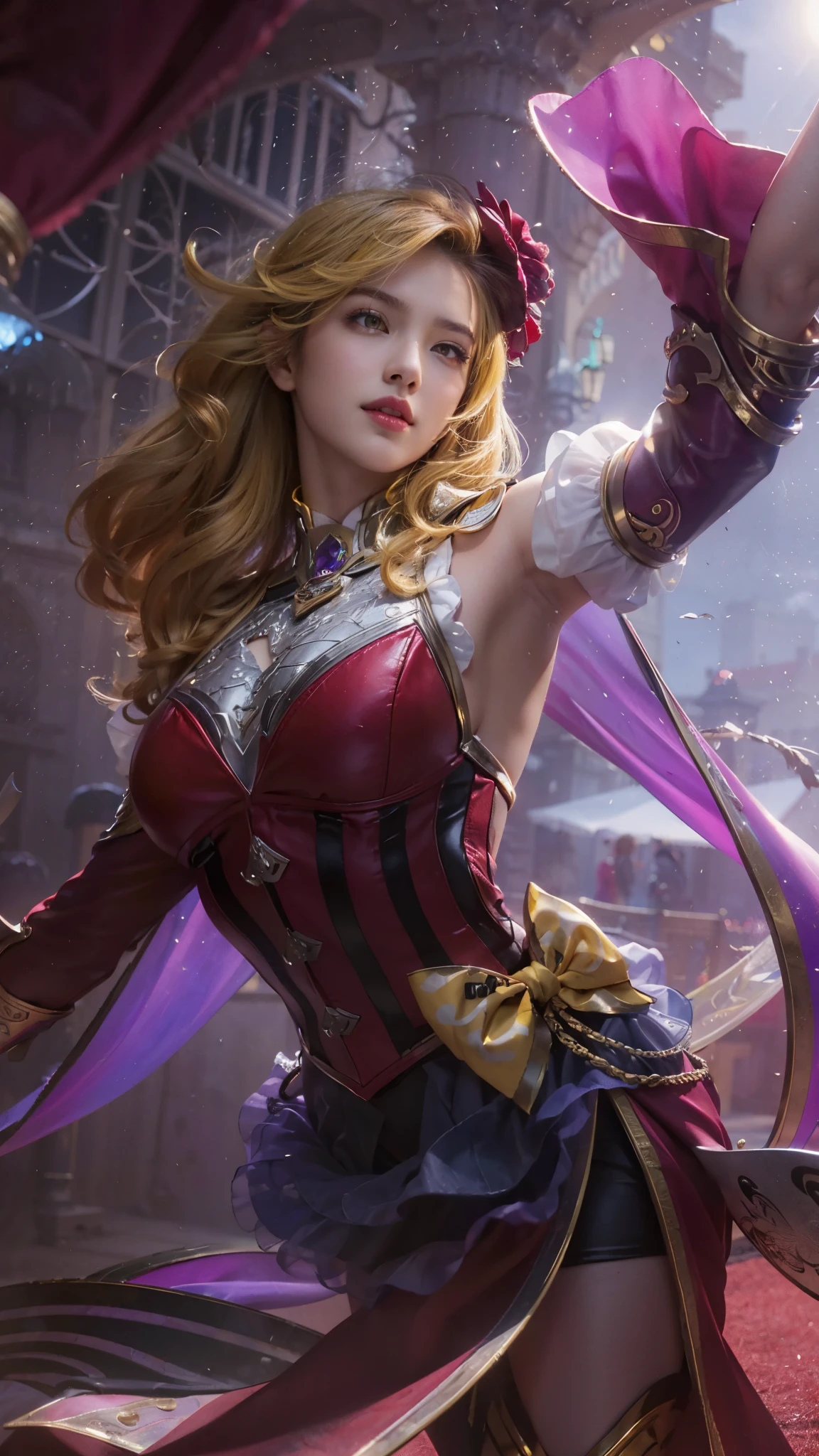 (female:1.2), 8k, ultra hd, ultra detailed texture, hyper realistic, masterpiece, detailed texture, detailed face, detailed skin, detailed lighting, (photorealistic:1.5), best quality, beautiful lighting, cinematic lighting, professional lighting, ultra highres, realistic, detailed hair, real hair, high quality, (realskin:1.5), extremely detailed, finely detail, ultra-detailed, 1girl, solo, flying, (yellow eyes:1.5), v-shaped eyebrow, lips, parted lips, smile, teeth, white skin, nose, pretty, beautiful, make up, cute face, long hair, blonde hair, ponytail, large breasts, cleavage, pauldrons, gauntlets, purple bodysuit, Long sleeve, armor shoulder, sword, holding sword, dual wielding, planted sword, \(mobile legends\), depth of field, looking aways, skin tight, amazing pose, glowing, cloud, sky, condensation trail, outdoors, blurry background