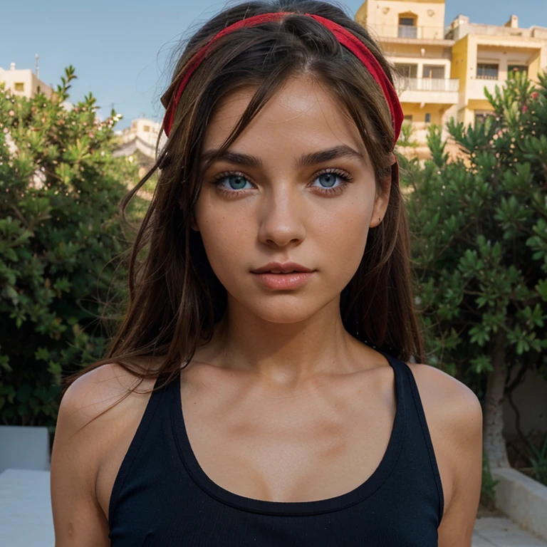 Albanian, girl, brown hair, blue eyes, short black top, Ibiza, sun gazing, modern apparel, glowing eyes, jogging,red bandana on her head, panoramic view