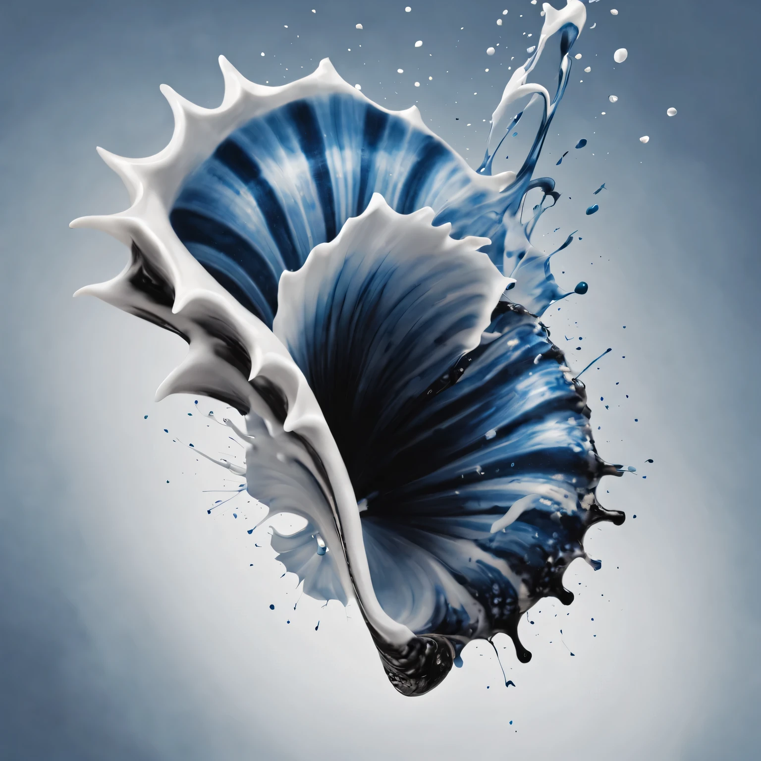 Ink splash conch, black and white, Detailed shell pattern, Vivid ink splatter effects, Exquisite line work, Ink drops, high contrast, Exquisite details, actual lighting, mysterious atmosphere, delicate swirl, Complex textures. (best quality, 4K, high resolution, masterpiece:1.2), Super detailed, (actual, photoactual, photo-actual:1.37), artistic, traditional, inked-art, Abstract. Cool blue tones, soft shadow, natural lighting.