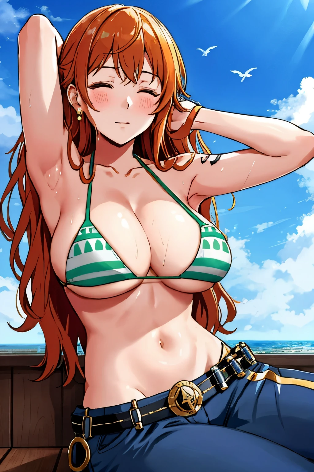 Ship deck detailed background, 상stomach 뷰 샷, masterpiece, 4K, epic, best quality, 늦은 request소년, adult, milf, athlete&#39;s body, 1 woman, ((wide dehisce, On the deck, Stunned, lying down completely, Lying on her back, Fall down, closed eyes, (both hands on the floor, Hand down, straight elbows, stomach로 향, turn your head to the left))) , alone, Us \(One Piece\), 1 woman, bangle, (Very wet, Drenched in sweat, sweating all over, Very Missy Hair, tired, dehisce, exhausted, Sweaty face, sweaty body, contusion, injury, feeling hot, sweating too much, Glittering sweat, Serious, ache, glaring, closed eyes, looking for, Perfect, detailed face, Round face, Sweat on Face) Draw bold lines, muscular arms, Detailed and thick arm lines, Flat chin, adult woman, wavy wide striped bangs, floating bangs, (Big cheeks), bare shoulders, off shoulder, belt, bikini, bikini top only, bracelet, Elastic breasts, Breast line, Big round eyes, very large brown shiny eyes, foam, 높은 눈 stomach치, split, afternoon, request, earring, floating hair, shiny hair, green belt, green bikini, Thick groin line, requestpants, bijouterie, ((medium chest)), Log Pose, long hair, looking at viewer, long belly button, wet hair, Orange hair, pants, shoulder Tattoo, side lock, sky, alone, stomach, swimsuit, Tattoo, detailed arm, large forehead, hourglass shape, small head, A toned body, Broad head, wind effect, The Sun Effect, Under the sun, Narrow small ear angle, Previous