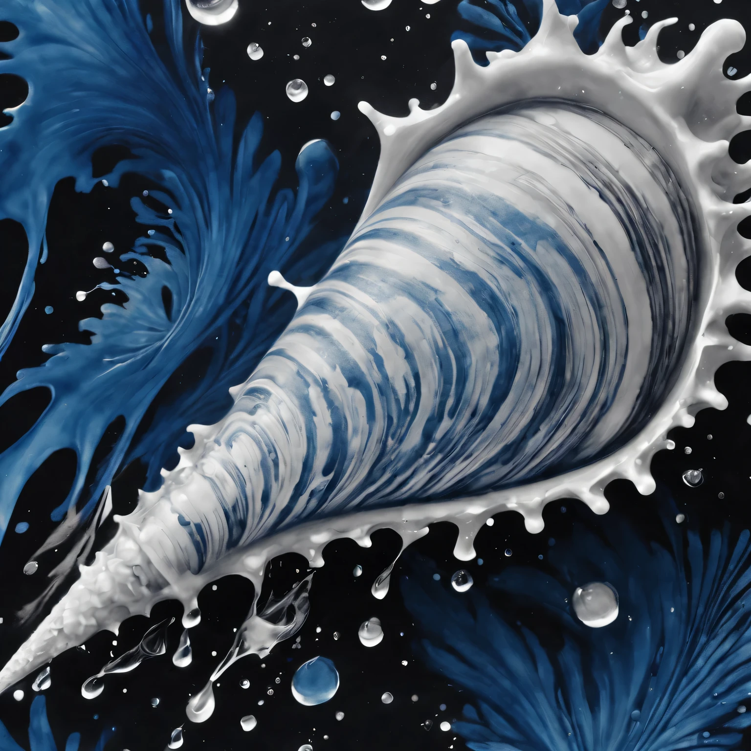 Ink splash conch, black and white, Detailed shell pattern, Vivid ink splatter effects, Exquisite line work, Ink drops, high contrast, Exquisite details, actual lighting, mysterious atmosphere, delicate swirl, Complex textures. (best quality, 4K, high resolution, masterpiece:1.2), Super detailed, (actual, photoactual, photo-actual:1.37), artistic, traditional, inked-art, Abstract. Cool blue tones, soft shadow, natural lighting.