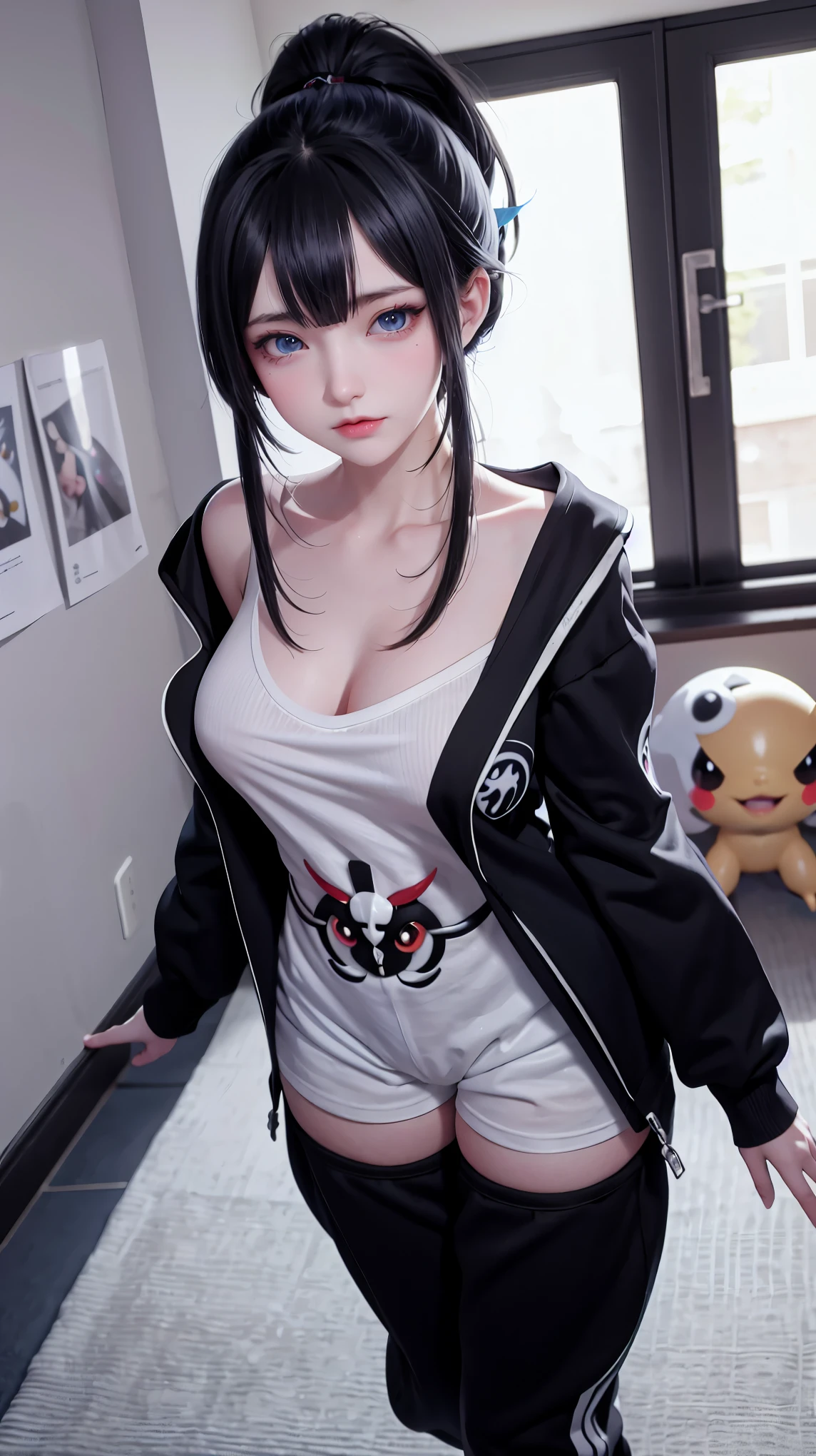 1girl, solo, masterpiece, best_quality, photoshoot, looking at camera, young adult gardevoir, tired expression, pokemon, pokemon (game), game freak, nintendo, (porcelain skin), blue eyes, (black hair), (messy hair in ponytail), black cardigan, baggy tshirt, black sweatpants, gen 3 pokemon, pokemon (creature), white skin, concrete background, leaning 
