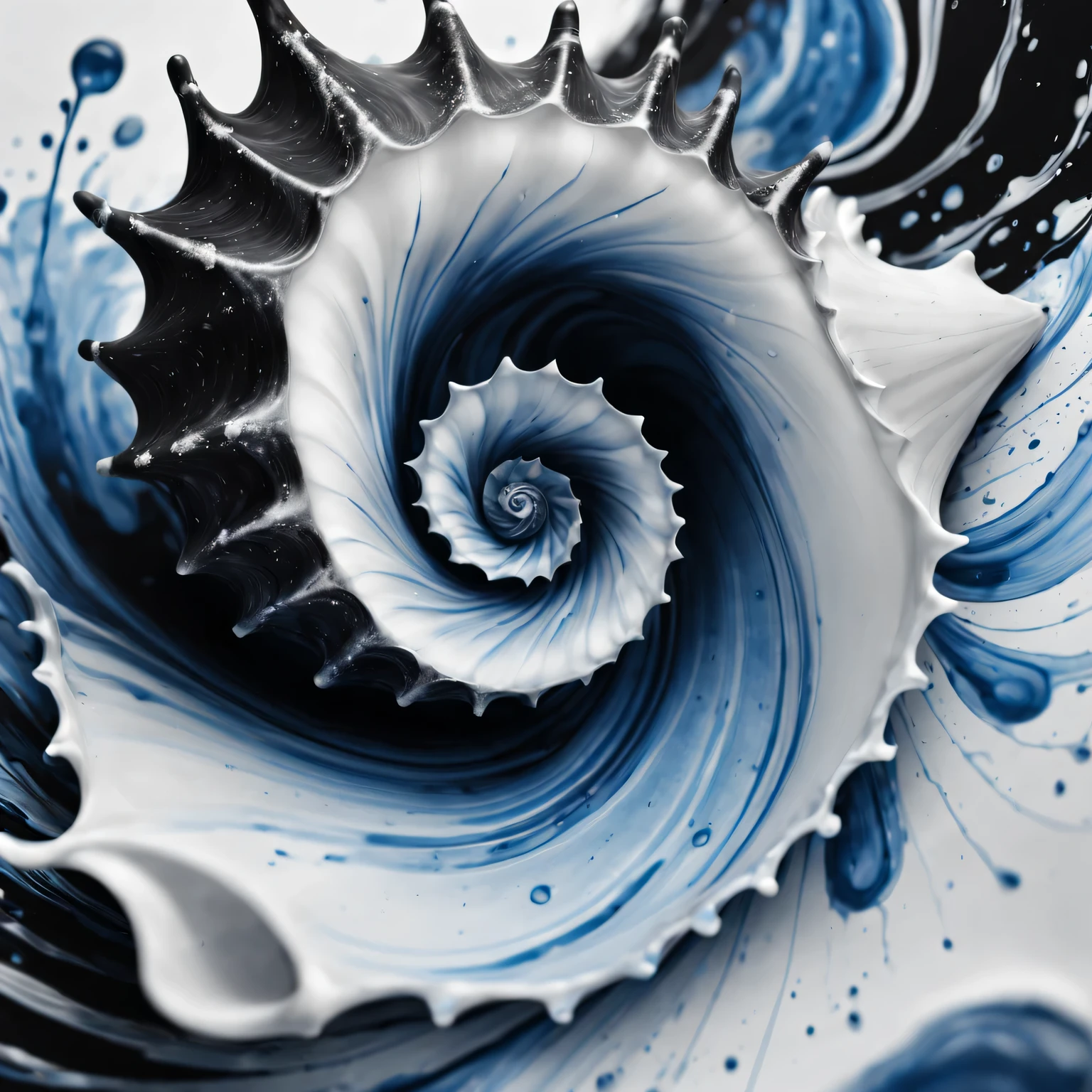 Ink splash conch, black and white, Detailed shell pattern, Vivid ink splatter effects, Exquisite line work, Ink drops, high contrast, Exquisite details, actual lighting, mysterious atmosphere, delicate swirl, Complex textures. (best quality, 4K, high resolution, masterpiece:1.2), Super detailed, (actual, photoactual, photo-actual:1.37), artistic, traditional, inked-art, Abstract. Cool blue tones, soft shadow, natural lighting.