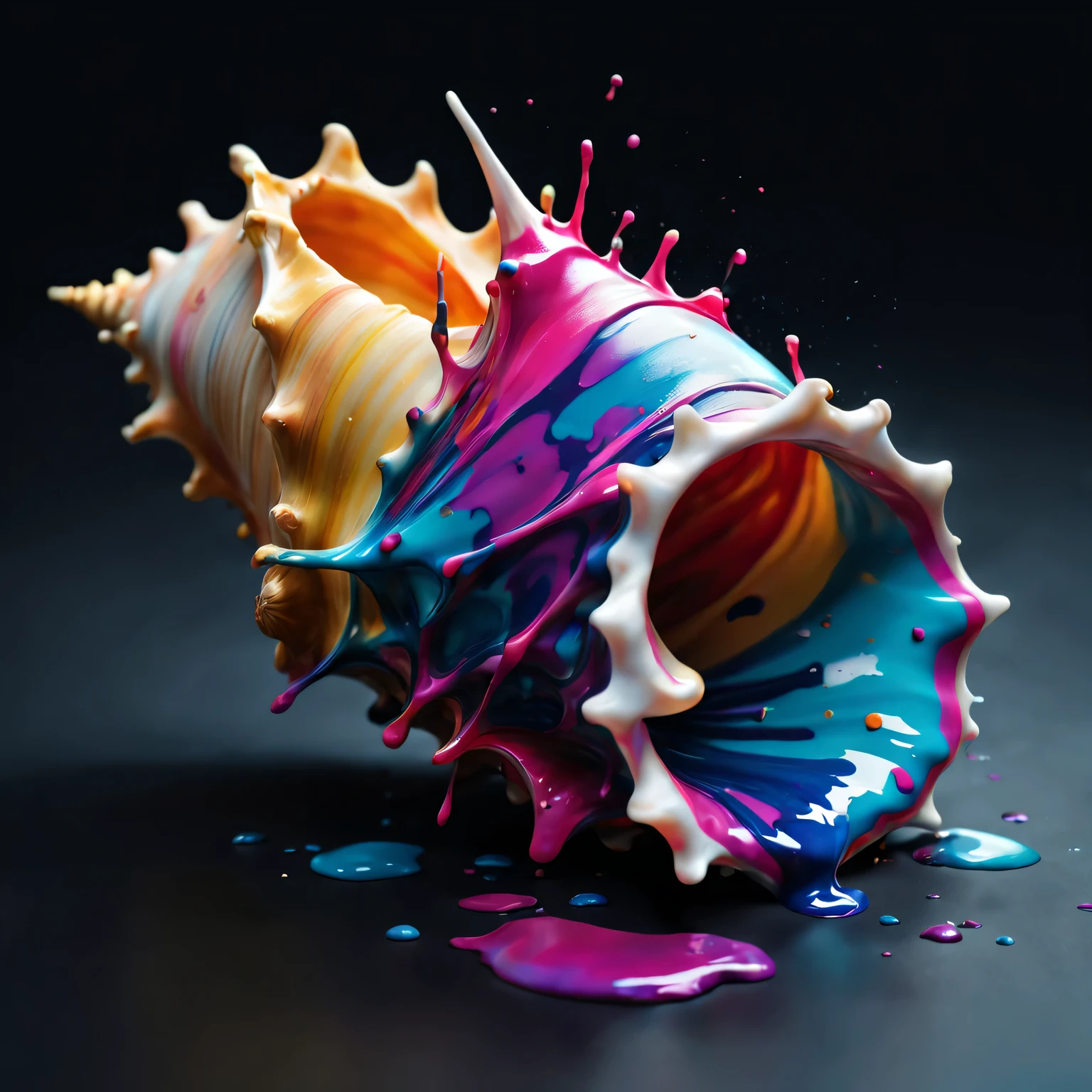 3D ink splash conch, (best quality,4K,8k,high resolution,masterpiece:1.2),Super detailed,(actual,photoactual,photo-actual:1.37), modern, bright colors, dramatic lighting, Abstractionism, complex patterns, Fascinating details, glossy finish, dynamic composition, textures true to reality, A unique perspective, surreal atmosphere, mysterious shadow