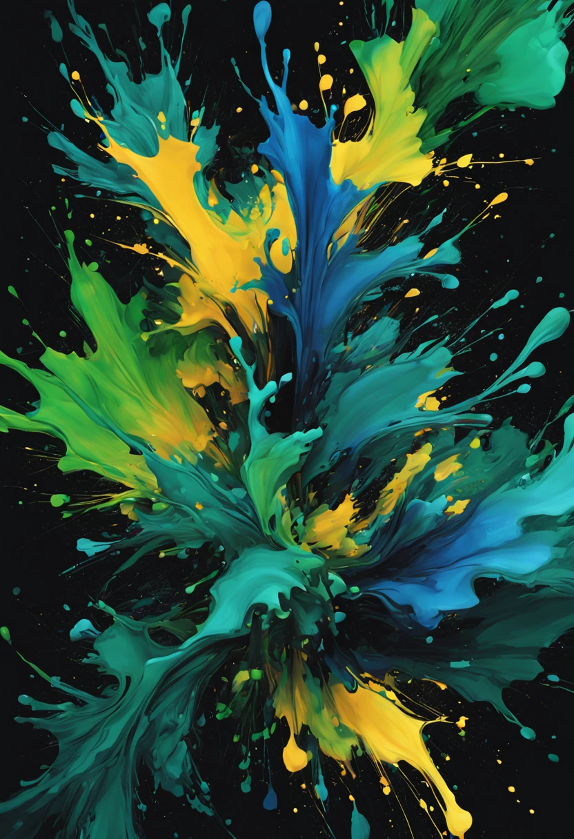 Vibrant artistic expression in ink splatter style ,Art explosion brushstroke masterpiece,  Digital smooth dark green blue green black ink flow complex, elegant, Broad, fantastic, Vibrant black background
  