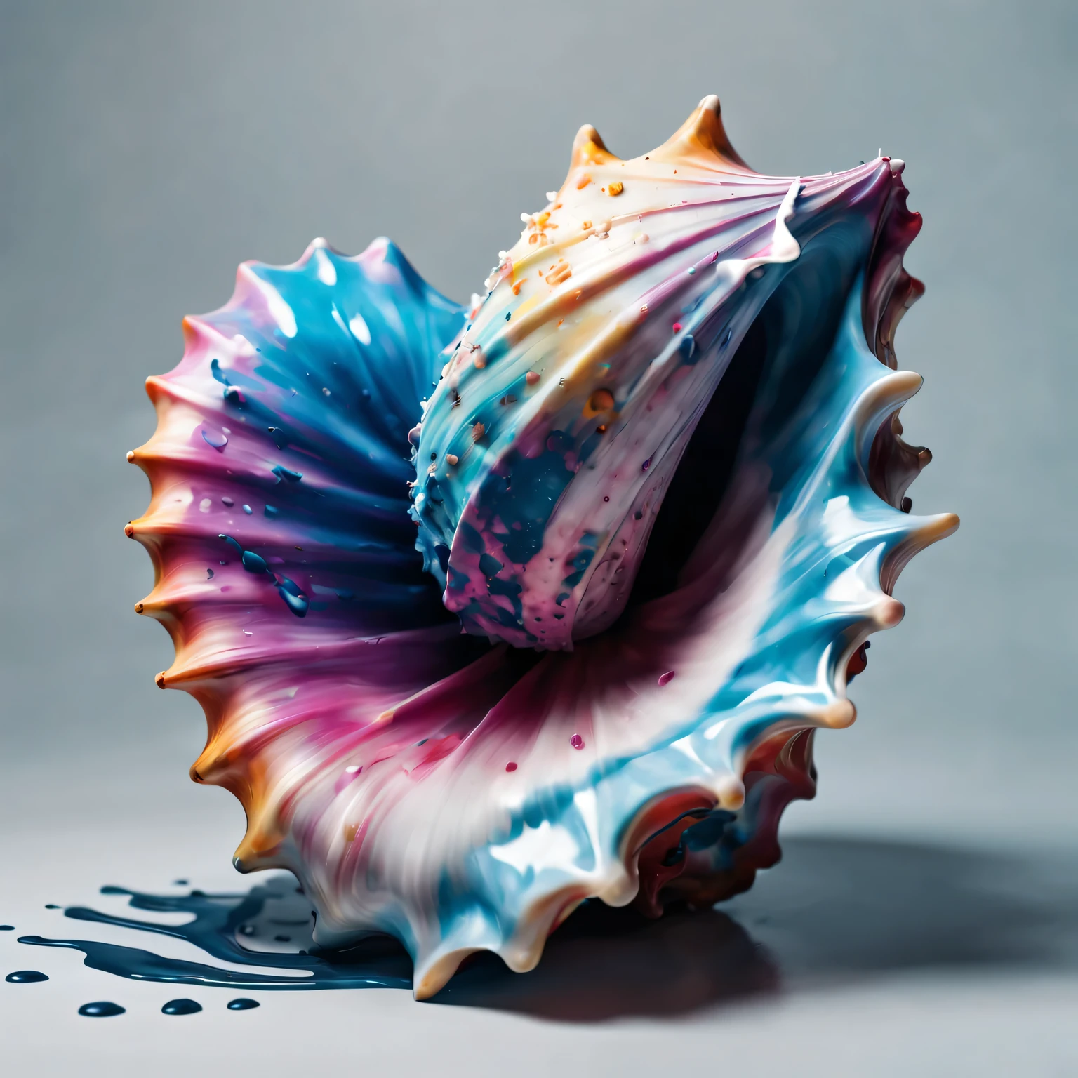 3D ink splash conch, (best quality,4K,8k,high resolution,masterpiece:1.2),Super detailed,(actual,photoactual,photo-actual:1.37), modern, bright colors, dramatic lighting, Abstractionism, complex patterns, Fascinating details, glossy finish, dynamic composition, textures true to reality, A unique perspective, surreal atmosphere, mysterious shadow