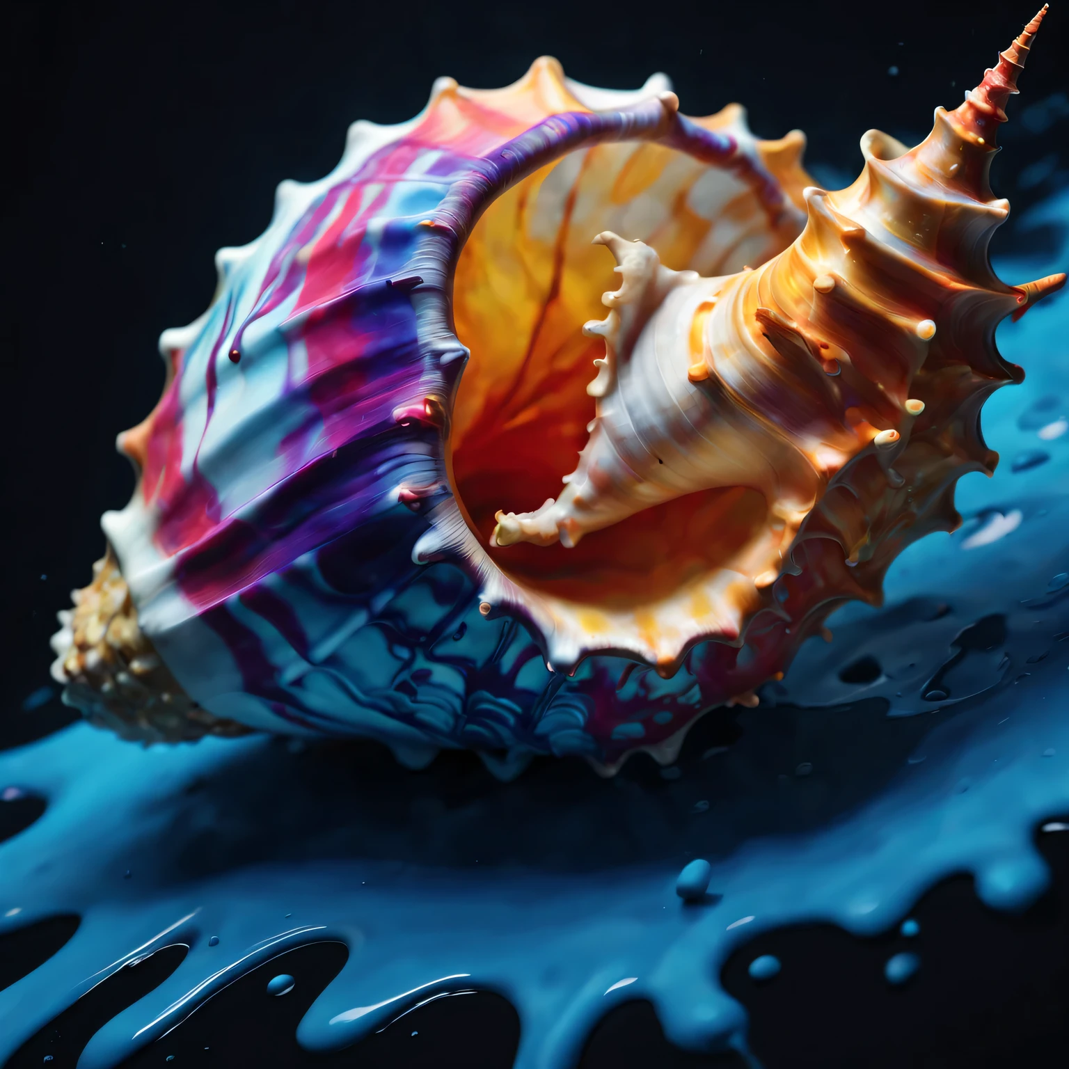 3D ink splash conch, (best quality,4K,8k,high resolution,masterpiece:1.2),Super detailed,(actual,photoactual,photo-actual:1.37), modern, bright colors, dramatic lighting, Abstractionism, complex patterns, Fascinating details, glossy finish, dynamic composition, textures true to reality, A unique perspective, surreal atmosphere, mysterious shadow