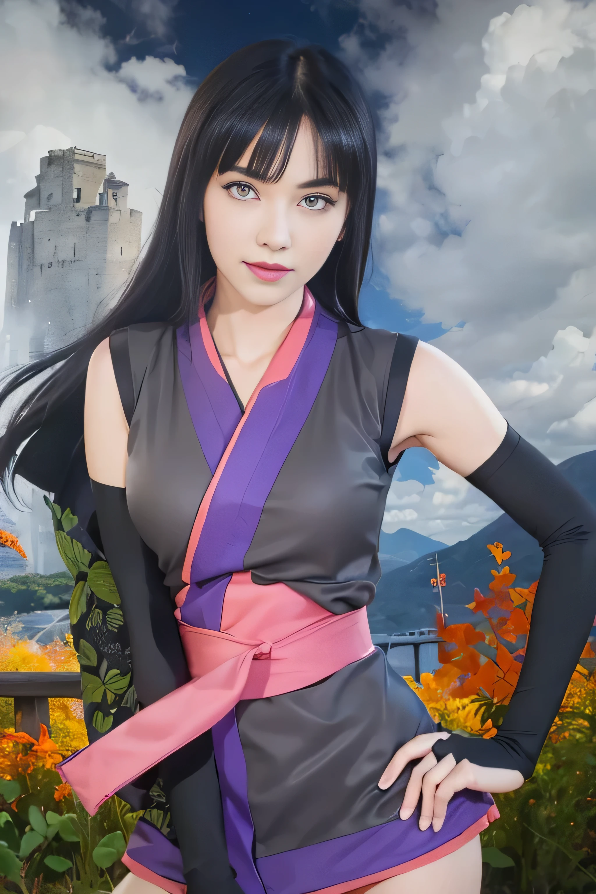 masterpiece, best quality, (realistic,photo-realistic:1.4),(RAW photo:1.2), extremely detailed CG unity 8k wallpaper, delicate and beautiful, amazing,finely detail, official art, absurdres, incredibly absurdres, huge filesize, ultra-detailed,extremely detailed eyes and face,light on face,little smile,hinata hyuuga,(black hair:1.4),long hair,byakugan,outdoor,castle background,(wearing sleeveless kimono:1.4)