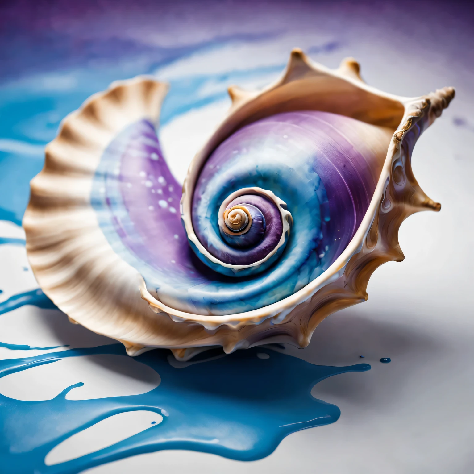 Conch shell with intricate 2D ink splatters, high contrast, Detailed outline, Created using digital illustration techniques, With surreal, Highlight with soft, Diffuse lighting and subtle shadows. Splash ink to form delicate patterns and abstract patterns,Complementing the graceful curves and spirals of the conch shell. The case itself has a smooth texture, Capture its natural beauty and elegance. Artwork is of the highest quality, The resolution is 4K or higher, Reveal ultra-fine details and realistic shadows. The color palette is rich and diverse, Featuring vibrant blues, deep Purple, and hints of gold and silver. The overall composition and balance of the image create a captivating and immersive visual experience, Inviting viewers to explore its fascinating complexities.