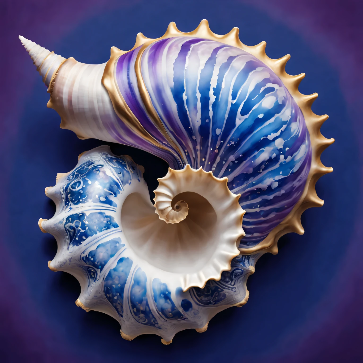 Conch shell with intricate 2D ink splatters, high contrast, Detailed outline, Created using digital illustration techniques, With surreal,  Highlight with soft, Diffuse lighting and subtle shadows. Splash ink to form delicate patterns and abstract patterns，Complementing the graceful curves and spirals of the conch shell. The case itself has a smooth texture, Capture its natural beauty and elegance. Artwork is of the highest quality, The resolution is 4K or higher, Reveal ultra-fine details and realistic shadows. The color palette is rich and diverse, Featuring vibrant blues, deep Purple, and hints of gold and silver. The overall composition and balance of the image create a captivating and immersive visual experience, Inviting viewers to explore its fascinating complexities.