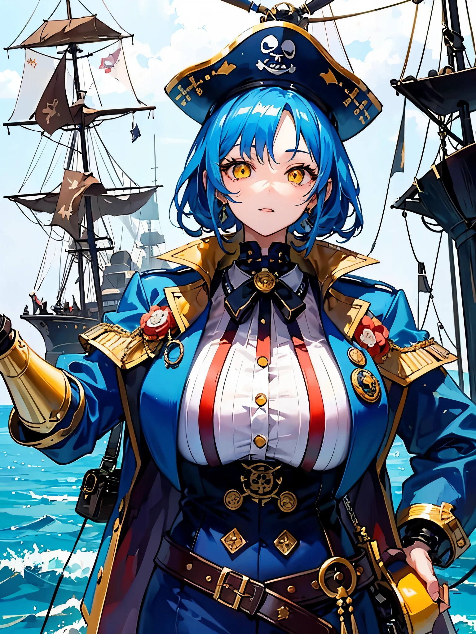 （（（masterpiece、Highest image quality、highest quality、highly detailed unity 8ｋwallpaper）））、（（Illustration of one girl、upper body））、（（（beautiful girl）））、（fantasy、female pirate）、（Light light blue hair、short ponytail：1.2、yellow eyes）、（（（Right hand is a prosthetic hand、steampunk prosthetic arm）））、（（tall））、bulky figure, massive frame, thick neck, sturdy arms, powerful legs、（captain&#39;s suit、Pirate hat、Blue coat）、pier、pirate ship anchored、Wooden sailing ship