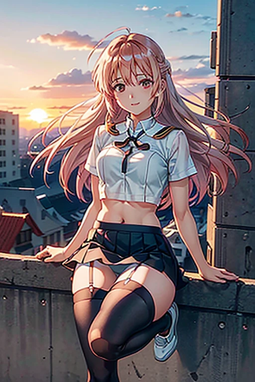 1 Asian Woman, jumping, dynamism, full body, A very beautiful and charming face, beautiful light brown hair, hair over shoulder, floating hair, expressive hair, shiny hair, hair flaps, intense black eyes, strong eye highlights, small breasts, lip gloss, shy smile, parted lips, high school uniform, white sailor suit, (((sheer summer clothes))), ((body line visible)), (orange bra show through), navel visible, navy blue short plears skirt,flipping skirt, (white lace panties), cameltoe, (black thigh-high stockings), soft wind, sunset, on the rooftop, Looking up from the floor.