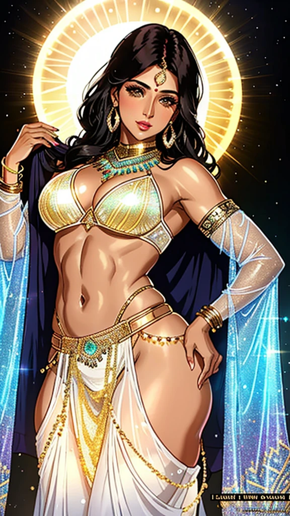 50-year-old indian female ifbb, extremely translucent shimmering dress, reflective gold shiny bra, glowing iridescent thong, white sheer arab pants, thick lips, mature allure, dark skinned