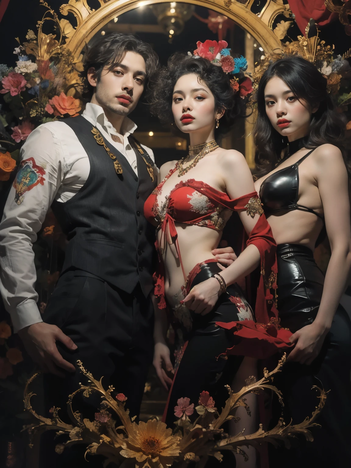 full body image of a handsome man with crossed arms in his early 30s sitting on a sofa with two beautiful and passionate women behind the sofa. dating app. black and red background. High contrast, sharp focus, detailed skin. Perfectly detailed, high definition, intimate atmosphere Perfect eyes.