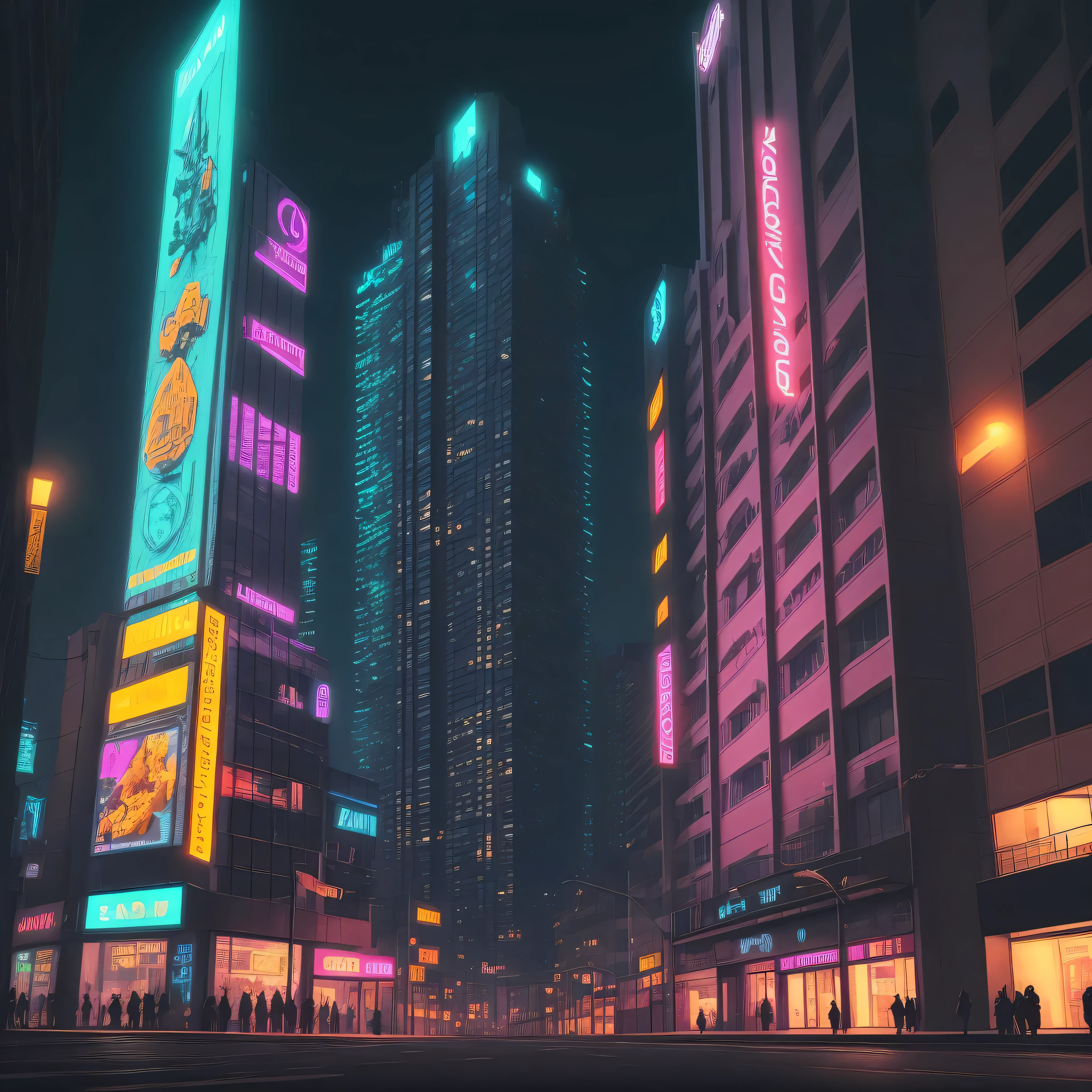 View of a building at night, with colors in the cyberpunk style