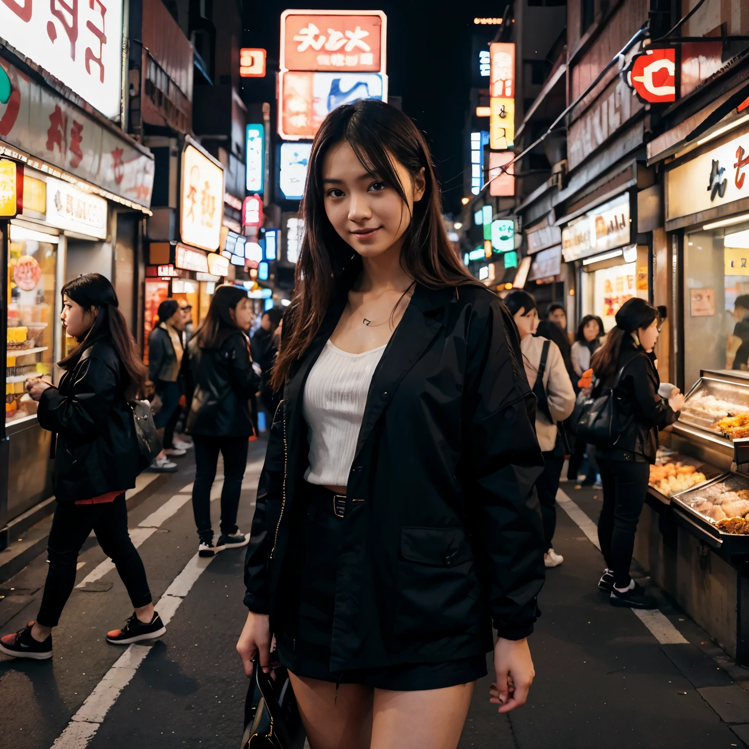 In Shinjuku's vibrant streets, amid a mix of modern and traditional, a casually dressed figure with a black jacket and crossbody bag walks among neon lights and street vendors, expressing delight and curiosity for new experiences and cuisine.