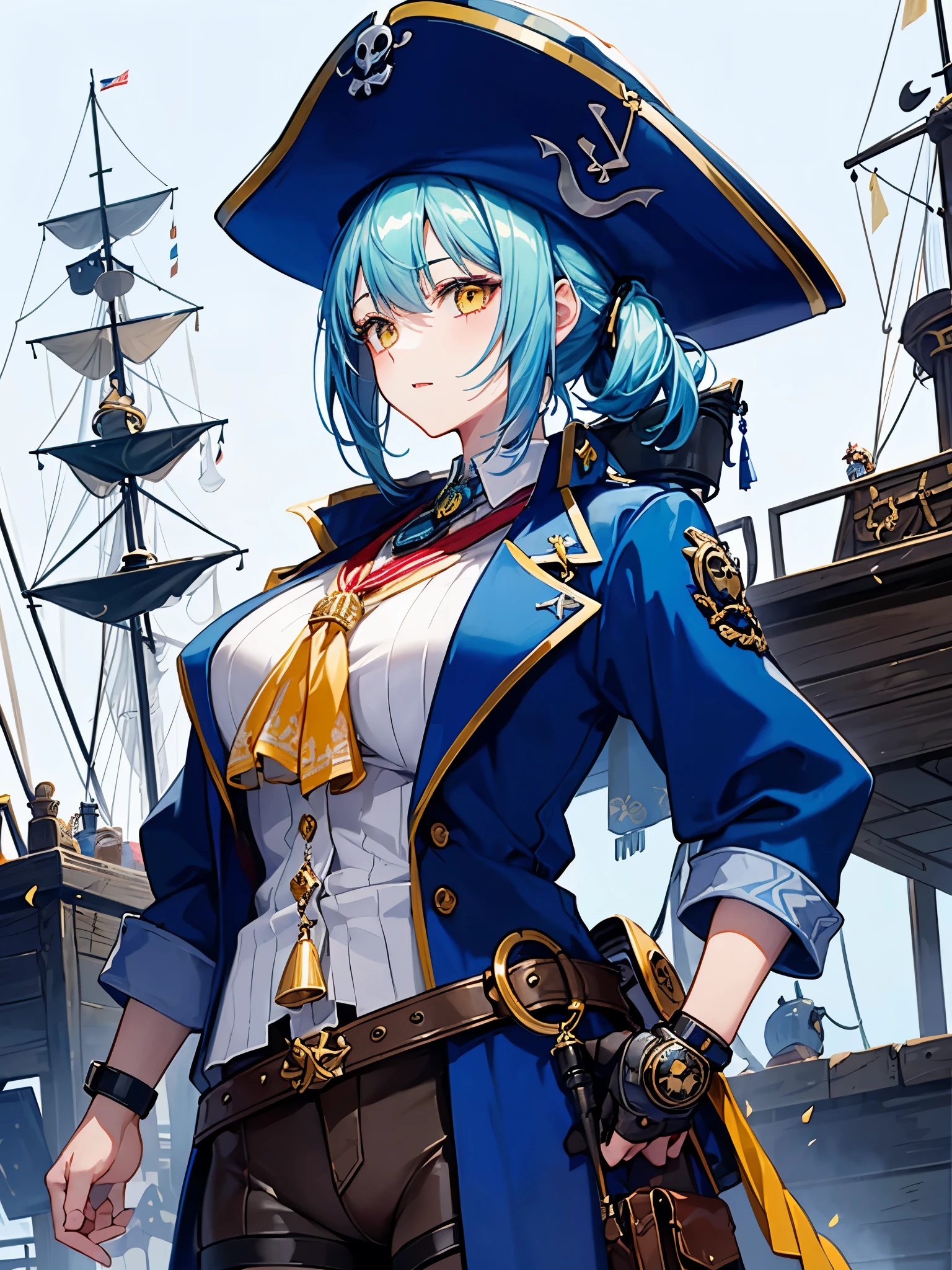 （（（masterpiece、Highest image quality、highest quality、highly detailed unity 8ｋwallpaper）））、（（Illustration of one girl、upper body））、（（（beautiful girl）））、（fantasy、female pirate）、（Light light blue hair、short ponytail：1.2、yellow eyes）、（（（Right hand is a prosthetic hand、steampunk prosthetic arm）））、（（tall））、bulky figure, massive frame, thick neck, sturdy arms, powerful legs、（captain&#39;s suit、Pirate hat、Blue coat）、pier、pirate ship anchored、Wooden sailing ship