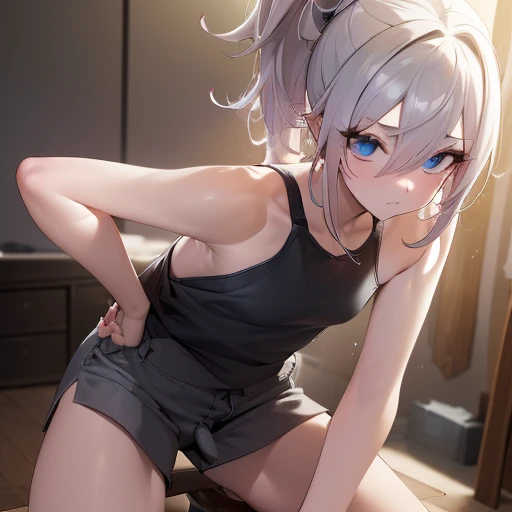 (masterpiece, best quality),
1girl, sitting, (hugging own knees:1.2), looking at viewer, head tilt, lower body,  focus,
break girl, camisole,(sideboob),black skirt, lift skart,(blue and white striped panties1.3), cameltoe, white hair, twintails, grey eyes, grin, blush, bare shin
break background myroom, couch,(show off panties:1.3),(low view:1.3)