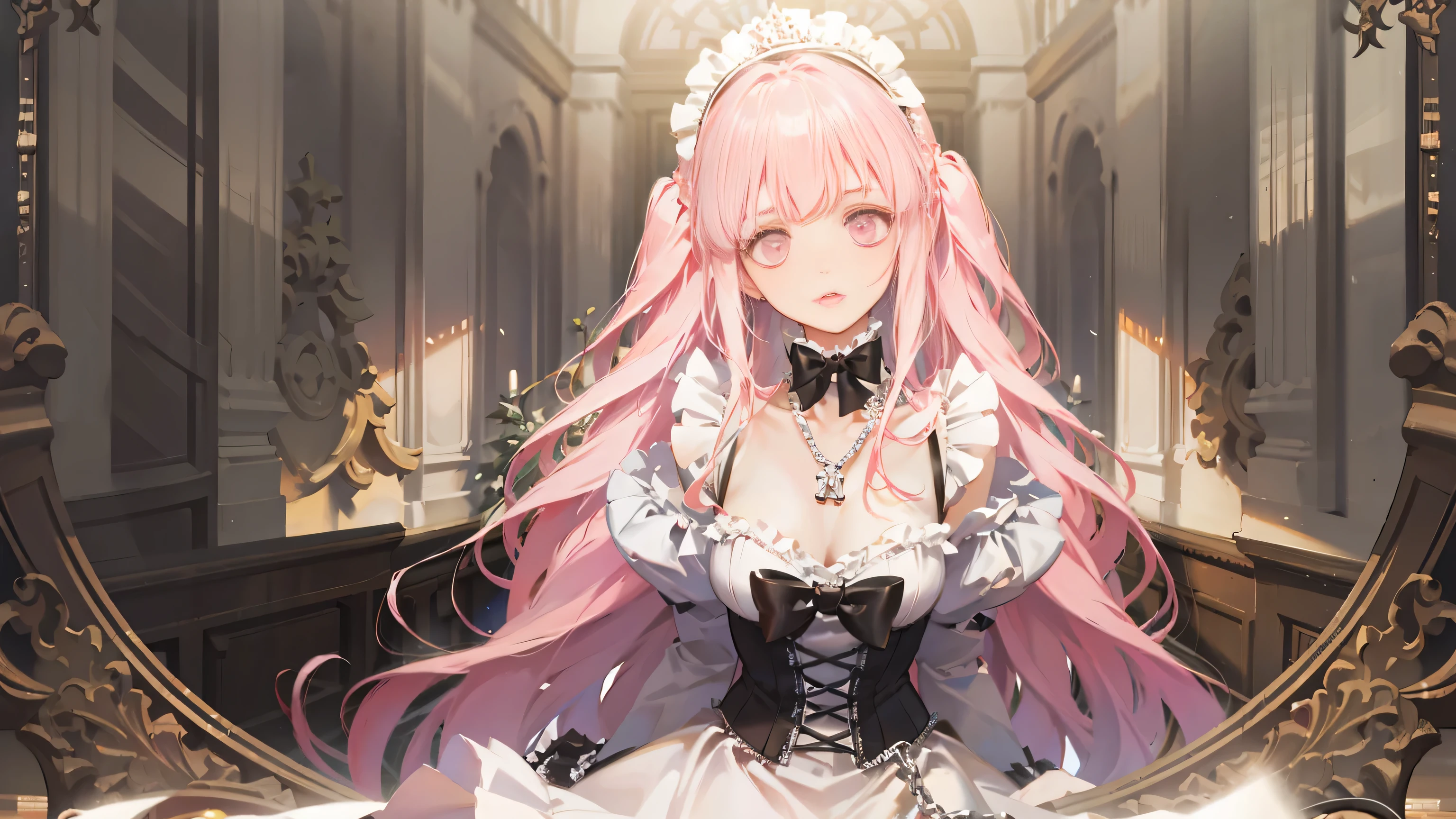 ((Highest quality)), ((masterpiece)), (detailed), （Perfect Face）、The woman is Lacus Clyne, with medium-long pink hair, and is wearing a gorgeous, jeweled, sexy, and seductive black wedding dress, a gorgeous black wedding veil, and gorgeous jeweled accessories in a gorgeous evil bridal outfit.、In a luxurious church wedding hall, a woman is getting married, embracing the arm of a dignified and powerful middle-aged evil emperor dressed in a luxurious black outfit.、The woman has long hair