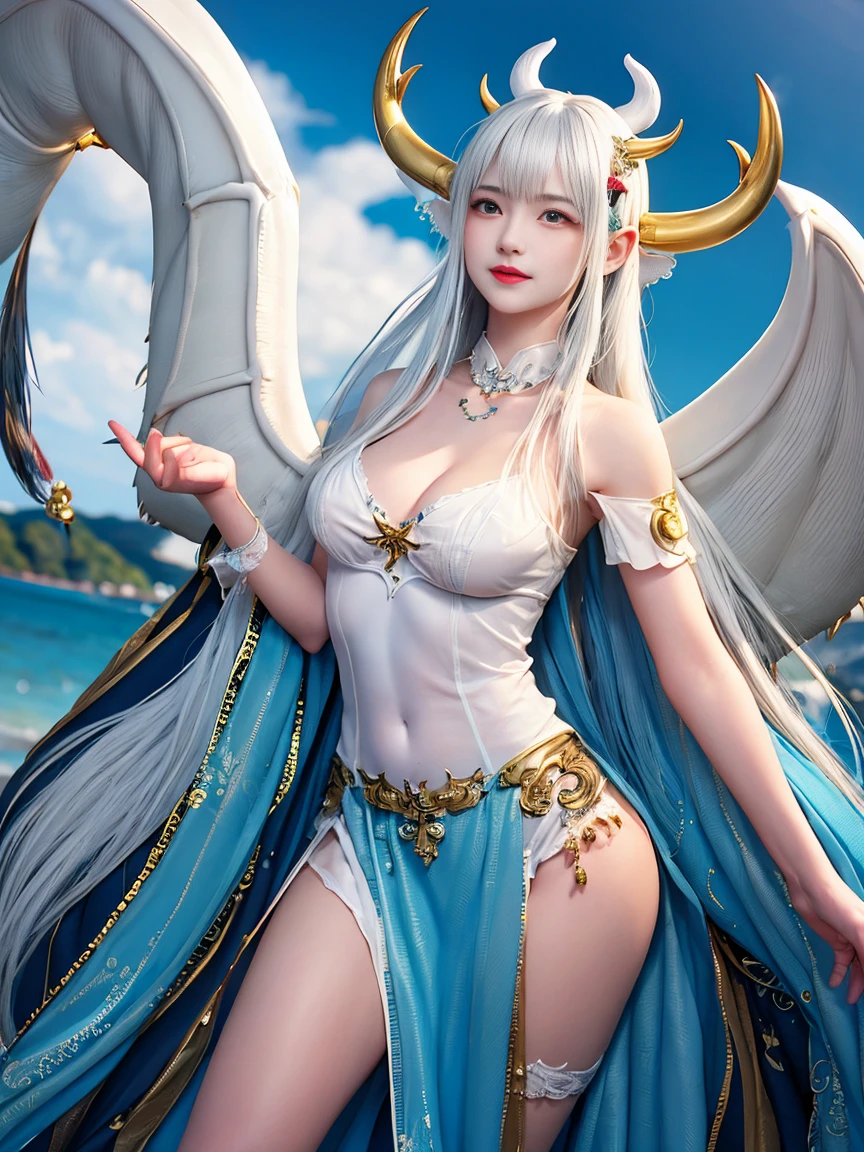 Close-up of a woman with white hair and stunning face,White-haired God,huge tits,epic beautiful characters,Amazing goddess,long legs,Yuzu控,nipple,whole body,horns on head,鳞片布满whole body,Wings are born on the back,Dragon Queen,dragon girl,no clothes,上半身no clothes,下半身no clothes,whole body都有鳞片,Yuzu,Scales wrap the body,whole body,Yuzu,whole body裸体,3D animation,whole body,huge
