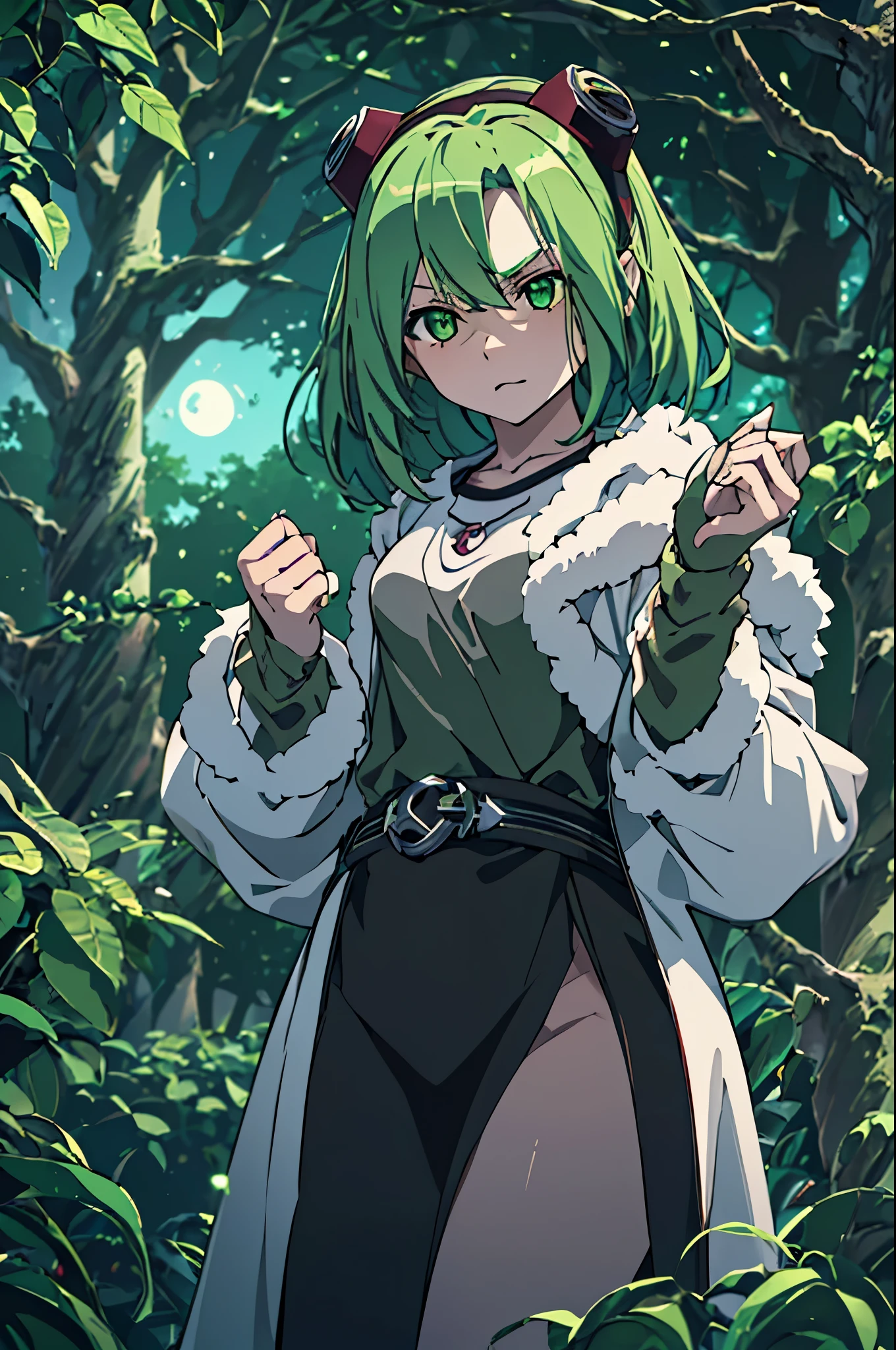 masterpiece, best quality, ((1girl)), (colorful), (finely detailed beautiful eyes and detailed face),cinematic lighting,extremely detailed CG unity 8k wallpaper, sky, cloudy_sky, building, moonlight, moon, night, (dark theme:1.3), light, fantasy, ((green Eyes)) (((green Hair))) ((Mischievous)) ((1girl)) ((Tomboy))