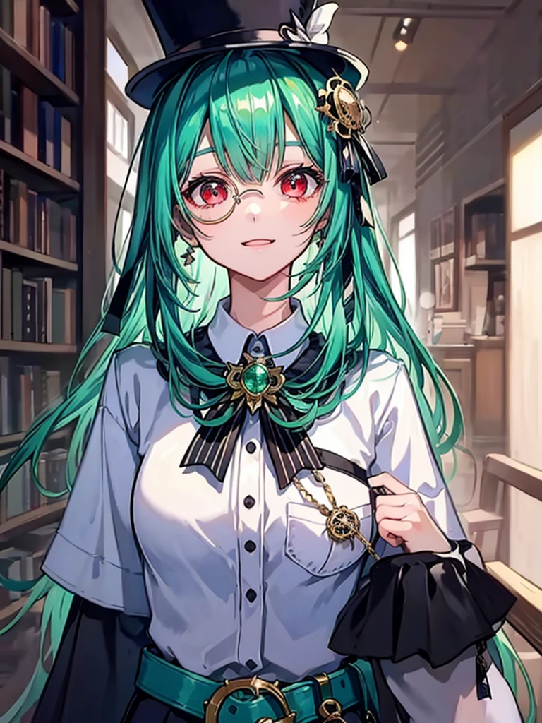 （（（masterpiece、Highest image quality、highest quality、highly detailed unity 8ｋwallpaper）））、（（Illustration of one girl、upper body））、（（（beautiful girl）））、（librarian）、（Emerald green hair、messy hair、sidelocks：1.2、red eyes、crazy smile）、（（（flat chest）））、（（（monocle）））、pocket watch、（（（Black top hat、Black tuxedo、belt）））、great medieval library、Large amount of books