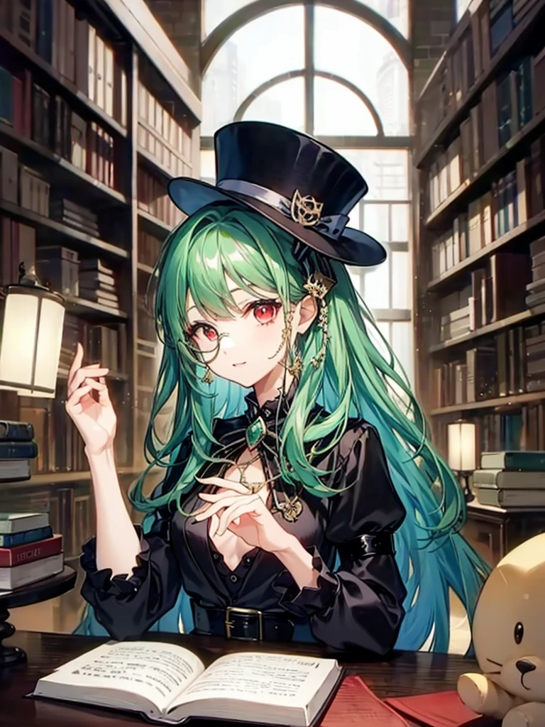 (((masterpiece、Highest image quality、highest quality、highly detailed unity 8kwallpaper)))、((Illustration of one girl、upper body))、(((beautiful girl)))、(librarian)、(Emerald green hair、messy hair、sidelocks:1.2、red eyes、crazy smile)、(((flat chest)))、(((monocle)))、pocket watch、(((Black top hat、Black tuxedo、belt)))、great medieval library、Large amount of books