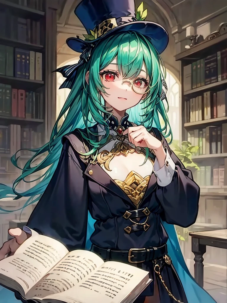 （（（masterpiece、Highest image quality、highest quality、highly detailed unity 8ｋwallpaper）））、（（Illustration of one girl、upper body））、（（（beautiful girl）））、（librarian）、（Emerald green hair、messy hair、sidelocks：1.2、red eyes、crazy smile）、（（（flat chest）））、（（（monocle）））、pocket watch、（（（Black top hat、Black tuxedo、belt）））、great medieval library、Large amount of books