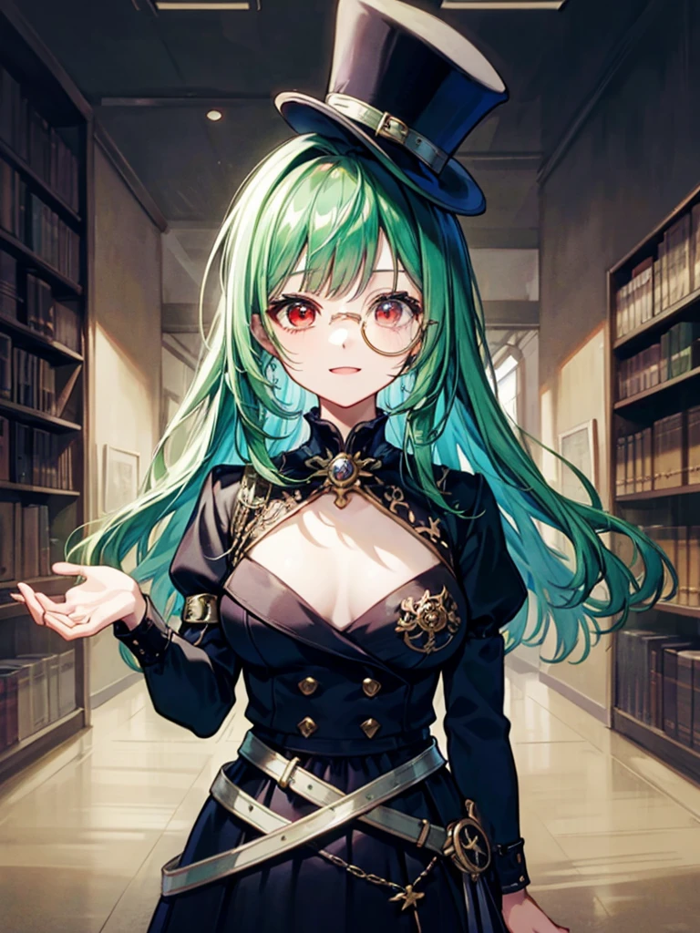 (((masterpiece、Highest image quality、highest quality、highly detailed unity 8kwallpaper)))、((Illustration of one girl、upper body))、(((beautiful girl)))、(librarian)、(Emerald green hair、messy hair、sidelocks:1.2、red eyes、crazy smile)、(((flat chest)))、(((monocle)))、pocket watch、(((Black top hat、Black tuxedo、belt)))、great medieval library、Large amount of books