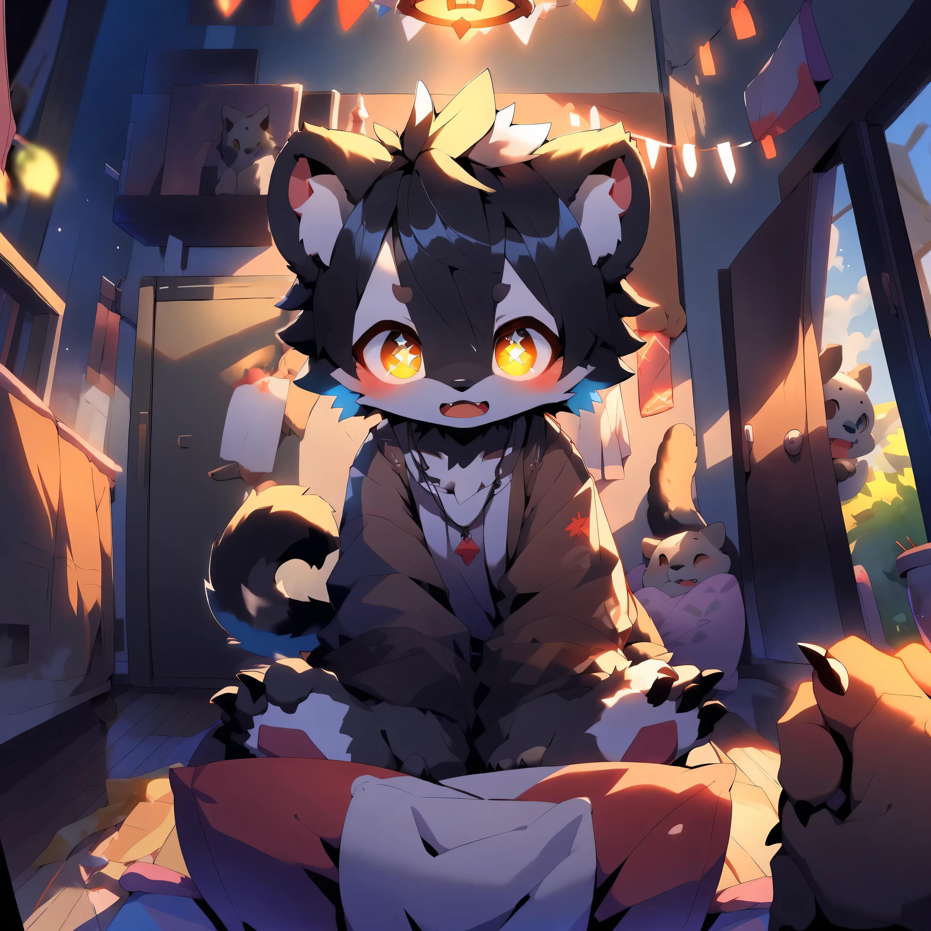 Cubs, black hair, Shota, casual wear, Bottoms, teeth and claws, Intimidation actions, blush, Lovely, living room, Throw pillows, body fluid, Clamp your legs, students shine, gradient eyes, Fangs out, First-person perspective, ultra high definition, masterpiece, precise, anatomically correct, high detail, best quality, high resolution, 16k, textured skin