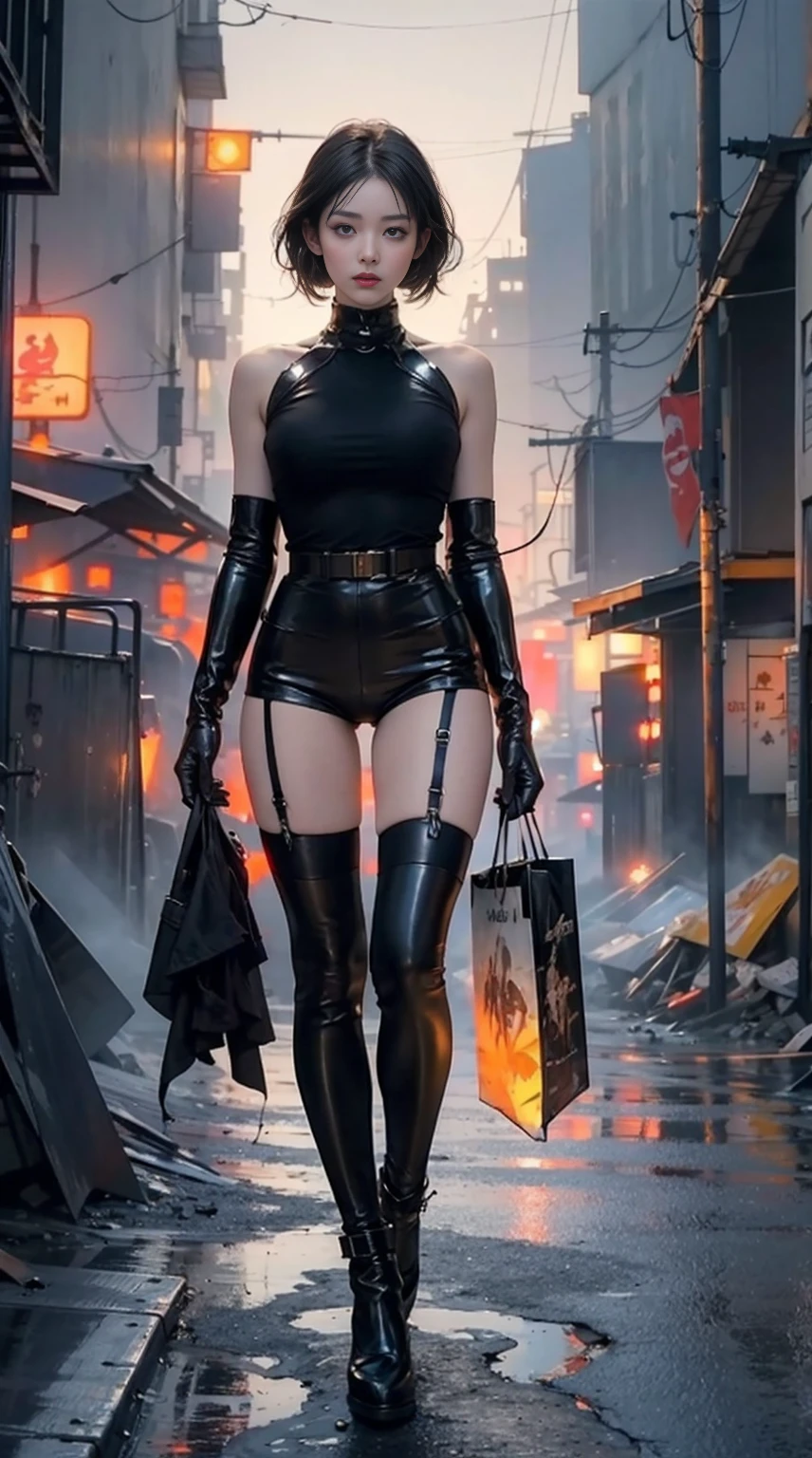 Retrato motor is unreal:1.4,Hyperrealistic K CG, lifelike:1.4, Texture:1.4, masterpiece:1.4,Beautiful woman in latex lingerie posing in apocalyptic city on fire,knee socks, cyberpunk, Beautiful slender hands,(8k photos)), human development report ,Surreal,...raw, Surreal主义细节, (style)Bright colors