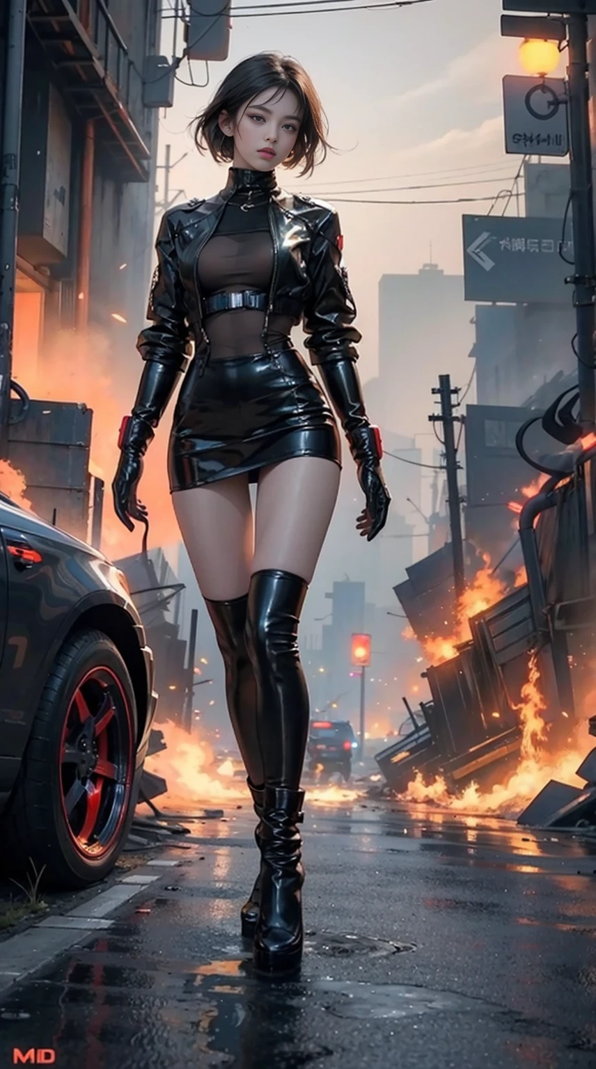 Retrato motor is unreal:1.4,Hyperrealistic K CG, lifelike:1.4, Texture:1.4, masterpiece:1.4,Beautiful woman in latex lingerie posing in apocalyptic city on fire,knee socks, cyberpunk, Beautiful slender hands,(8k photos)), human development report ,Surreal,...raw, Surreal主义细节, (style)Bright colors
