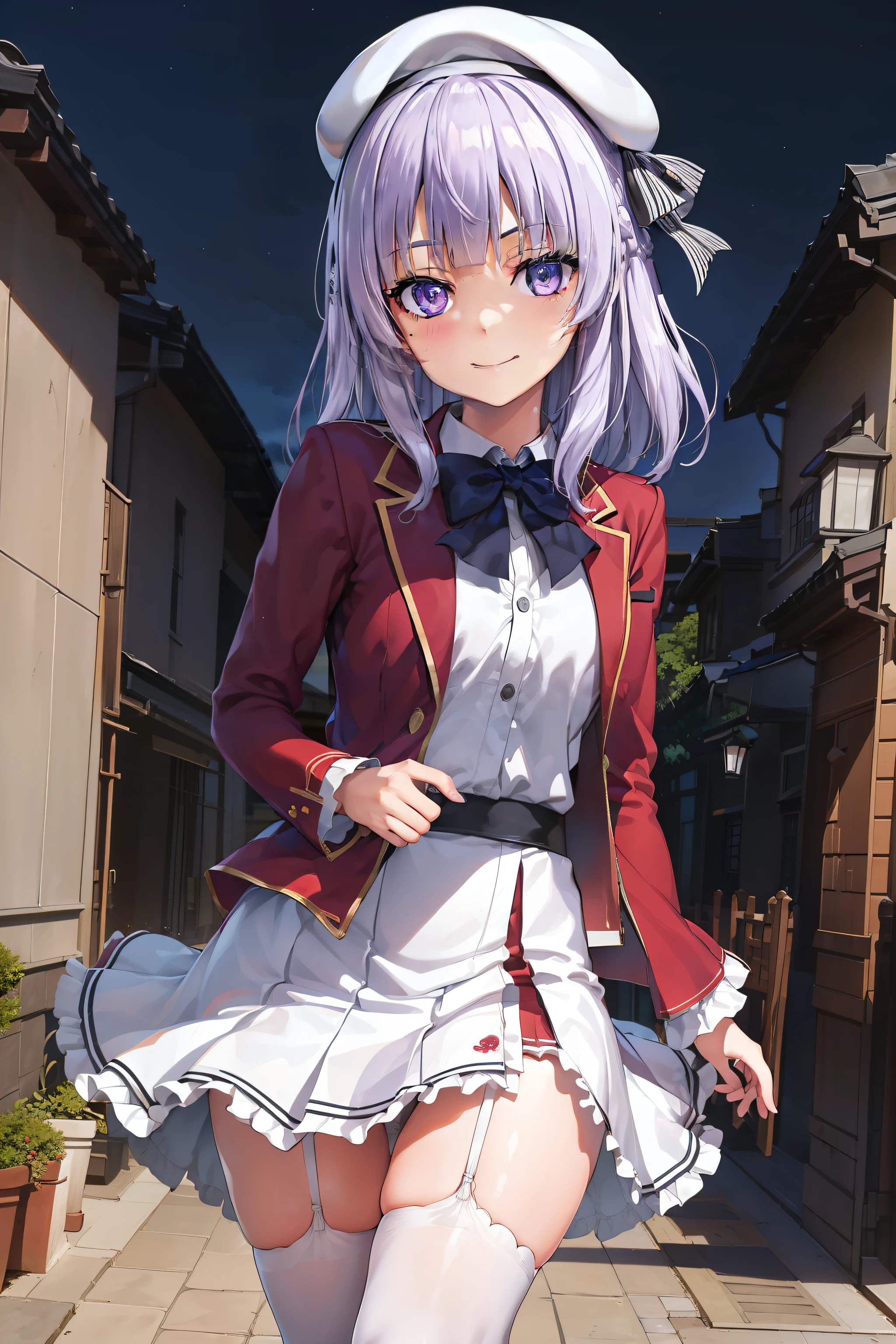 BREAK (masutepiece:1.2), Best Quality, High resolution, Unity 8k壁纸, (Beautiful detailed eyes:1.6), extra detailed face, Perfect Lighting, extremely details CG,1人、独奏、Arisu、(Viewer's Perspective、cowboy shot:1)、(Light purple hair、White hair、Medium Hair) 、Arisu has、beret、Black beret、Black hat:1.2)、(Purple eyes、shining purple eyes:1.3)、(Arisu School、student clothes、Red Blazer、a red jacket、robe blanche 、(White skirt)、pleatedskirt、Blue bow tie、White Niso、garter strap、Absolute area:1.4)、Naughty big、large full breasts、(Perfect hands, Perfect Anatomy),Look at viewers、a smile、is standing、outside of house、plein air、