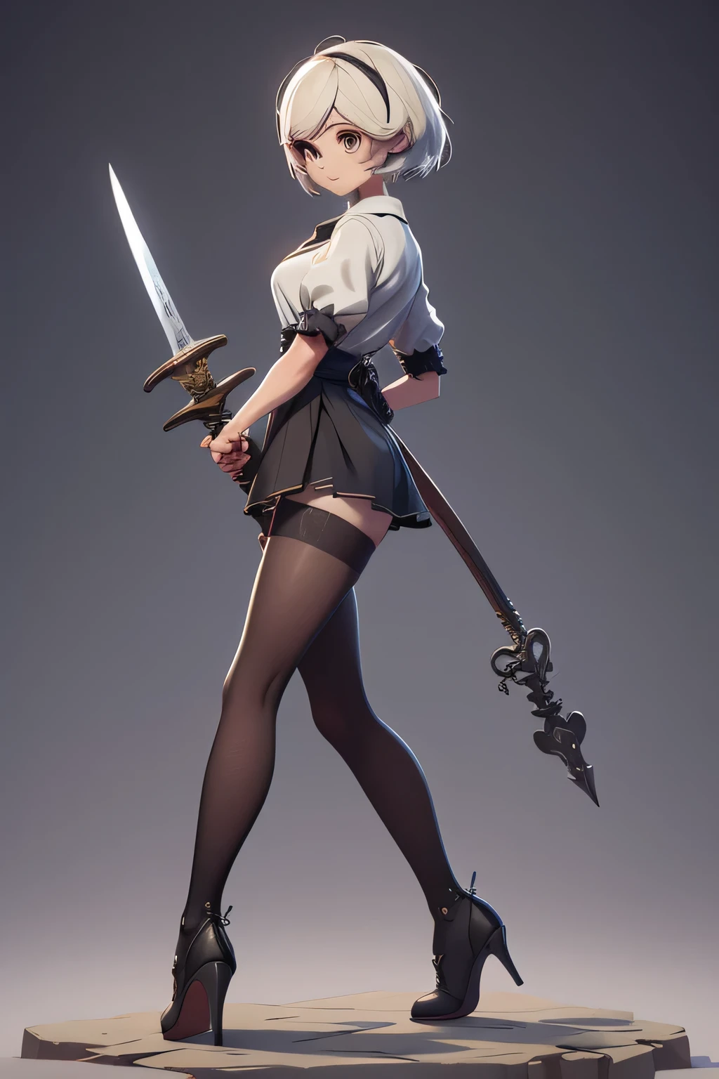Mini nier automata, (nier automata),  solo, ray tracing, Estilo 3D, 3DMM, ((oses por foto)), ((oses em cada foto)), corpo inteiro,(Front view),(Emisão Costas), (Emist on the left), mostrar barriga lisa, (((oses por foto))),(seios muito grandearriga perfeita, olhos perfeitos e simetricos, (perfect handuturistic sword in hand)), ((cabelos curto)),((Roupas de bruxo abertas)),roupa branca com bordas texturizadas, pele clara, luemas detalhadas, White thigh-high tights with trim, emestido aberto em "em", cintura fina, pernas grande, low water, Show legs to the top of the waist, (tecido partido caindo sobre as pernas),((top aberto)),pele ultra realista, olhos realistas humano,pele ultra realista,((blusa listrada)),traje super sensual,(faixas em torno dos seios), colorida,top com babados,(pubis com muito volume),(extremamente sensual),(very sensual)