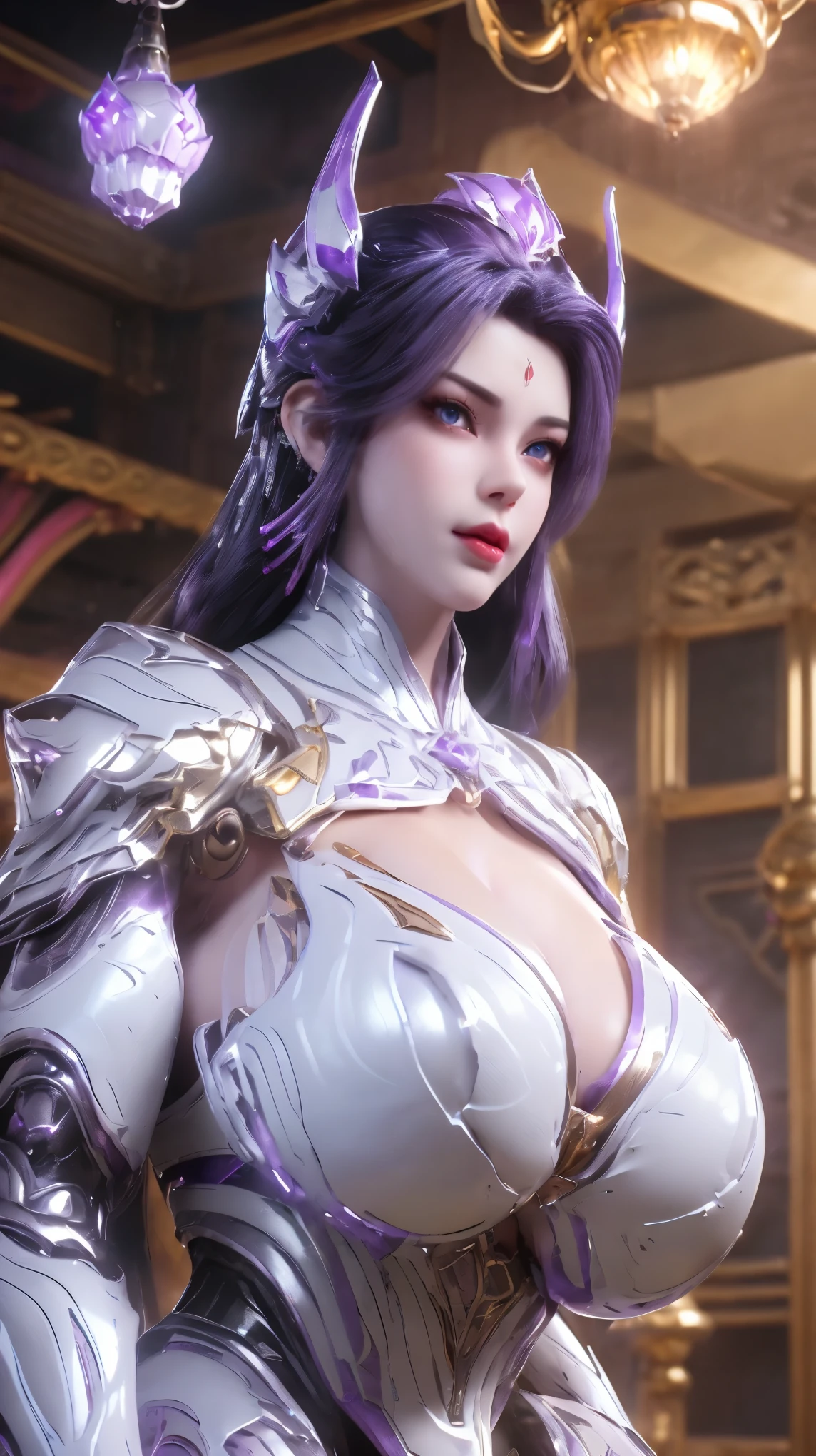 A BUSTY MILF, PORTRAIT,UPPER BODY,SOLO,(BEAUTY purple HAIR, GOLD DRAGON HORN), (MASSIVE FAKE BOOBIES,CLEAVAGE TOP,MUSCLE ABS:1.5), ((WEARING OUTFIT (LED PURPLE, WHITE, BLACK) SHINY ROBOT MECHANICAL BIKINI ARMOR:1.5)),(CURVY VOLUPTUOUS BODY MATURE WOMAN:1.5), (SWEATY GLOSSY BODYSKIN:1.5), (LOOKING AT VIEWER:1.5),(BACKGROUND FUTURISTIC SPACE STATION:1), (PHOTOREALSITIC:1.4), (ULTRA-DETAILLIERT), (TOP-QUALITY), (BEST SHADOWS), BRIGHT LIGHT IN ROOM, HYPER TEXTURE, (4X MSAA), ((UNREAL ENGINE 5 RENDER)), PHYSICALLY-BASED RENDERING, ULTRA HIGHT DEFINITION, 16K, 1080P.