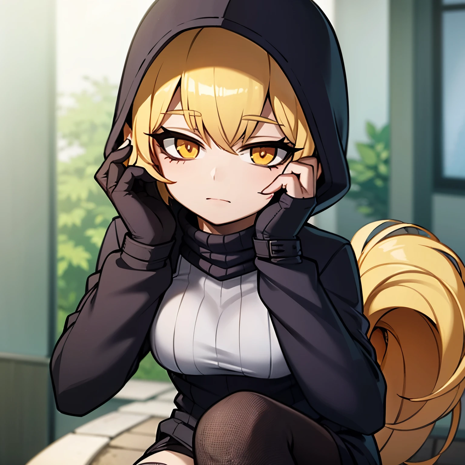 Anime style image of a girl who wears a long-sleeved sweater that covers her hands. She has a hood that covers her head. She is in panties and her thighs have mesh stockings.