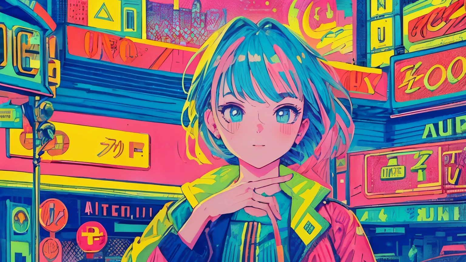 best quality, 4K wallpaper, masterpiece, extremely detailed CG unity 8k wallpaper, extremely detailed eyes, ultra-detailed, intricate details, close up 1 happy girl in center, retro art style, neon_pop art style, public, outdoors, road sign, city, people
