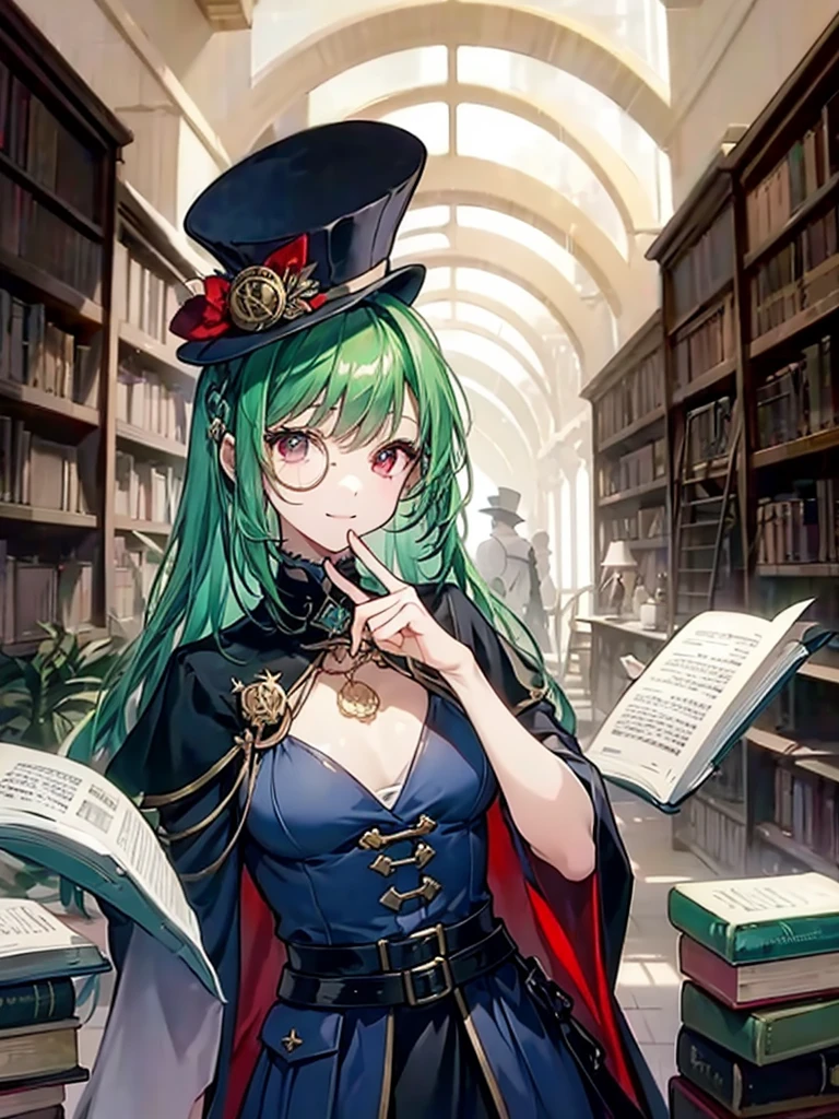 （（（masterpiece、Highest image quality、highest quality、highly detailed unity 8ｋwallpaper）））、（（Illustration of one girl、upper body））、（（（beautiful girl）））、（librarian）、（Emerald green hair、messy hair、sidelocks：1.2、red eyes、crazy smile）、（（（flat chest）））、（（（monocle）））、pocket watch、（（（Black top hat、Black tuxedo、belt）））、great medieval library、Large amount of books