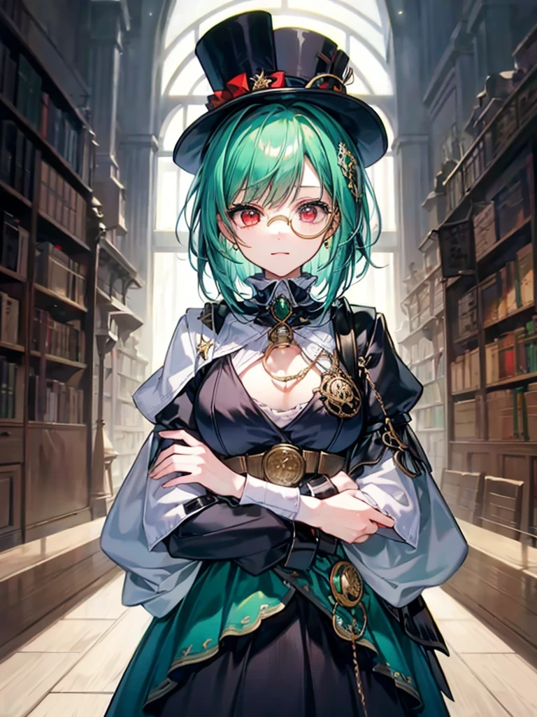 (((masterpiece、Highest image quality、highest quality、highly detailed unity 8kwallpaper)))、((Illustration of one girl、upper body))、(((beautiful girl)))、(librarian)、(Emerald green hair、messy hair、sidelocks:1.2、red eyes、crazy smile)、(((flat chest)))、(((monocle)))、pocket watch、(((Black top hat、Black tuxedo、belt)))、great medieval library、Large amount of books