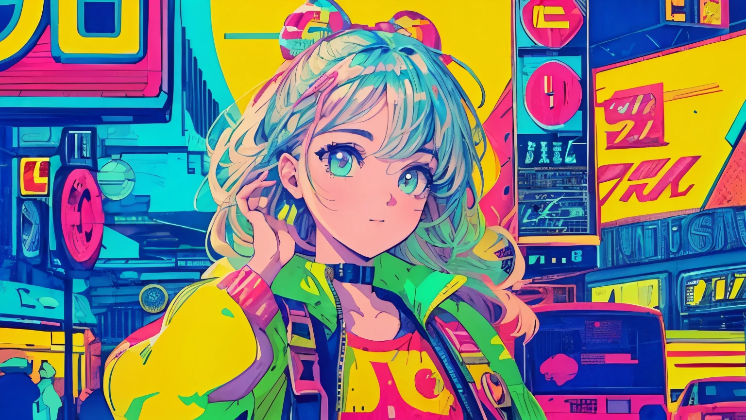 best quality, 4K wallpaper, masterpiece, extremely detailed CG unity 8k wallpaper, extremely detailed eyes, ultra-detailed, intricate details, close up 1 happy girl in center, retro art style, neon_pop art style, public, outdoors, road sign, city, people