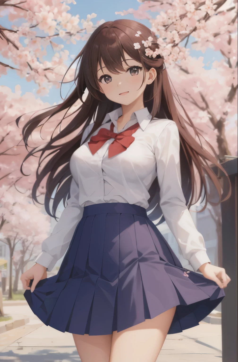 masterpiece, highest quality, High resolution, very detailed, detailed background, cinematic lighting, 1 girl, cute, medium breasts, school uniform, skirt lift, public indecency, looking at the viewer, building, outdoor, cherry blossoms,(Shirt opens to reveal white undetailed bra:1.5)